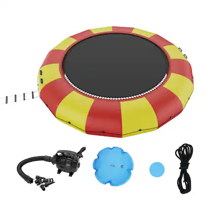 Front. VEVOR - Inflatable Water Bouncer, 17ft Recreational Water Trampoline, Portable Bounce Swim Platform with 5-Step Ladder - Red, yellow.