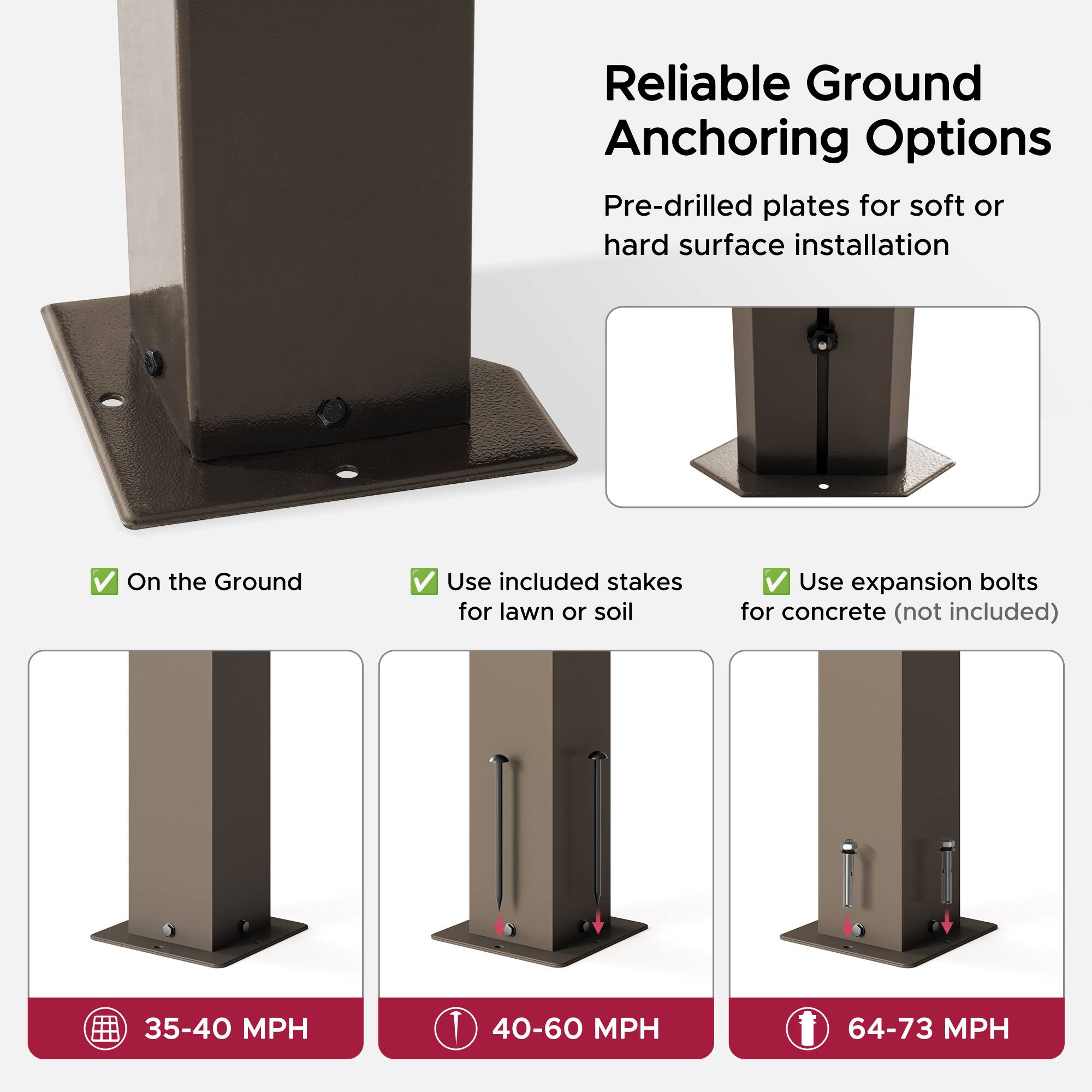 Reliable Ground Anchoring Options

Pre-drilled plates for soft or hard surface installation

- On the Ground
- Use included stakes for lawn or soil
- Use expansion bolts for concrete (not included)

35-40 MPH  
40-60 MPH  
64-73 MPH