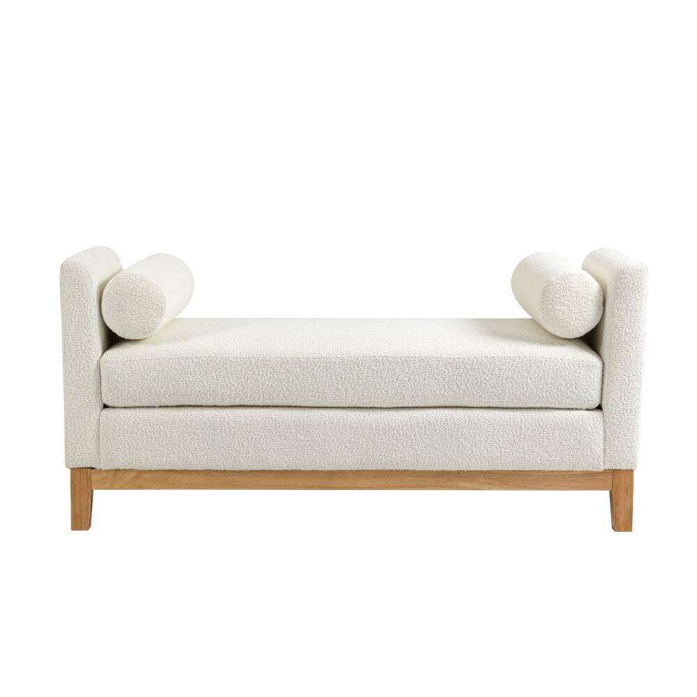 Front. Ropilly - Ropilly Ivory Boucle Upholstered End of Bed Bench with Bolster Pillows & Wood Legs for Bedroom Entryway - Ivory.