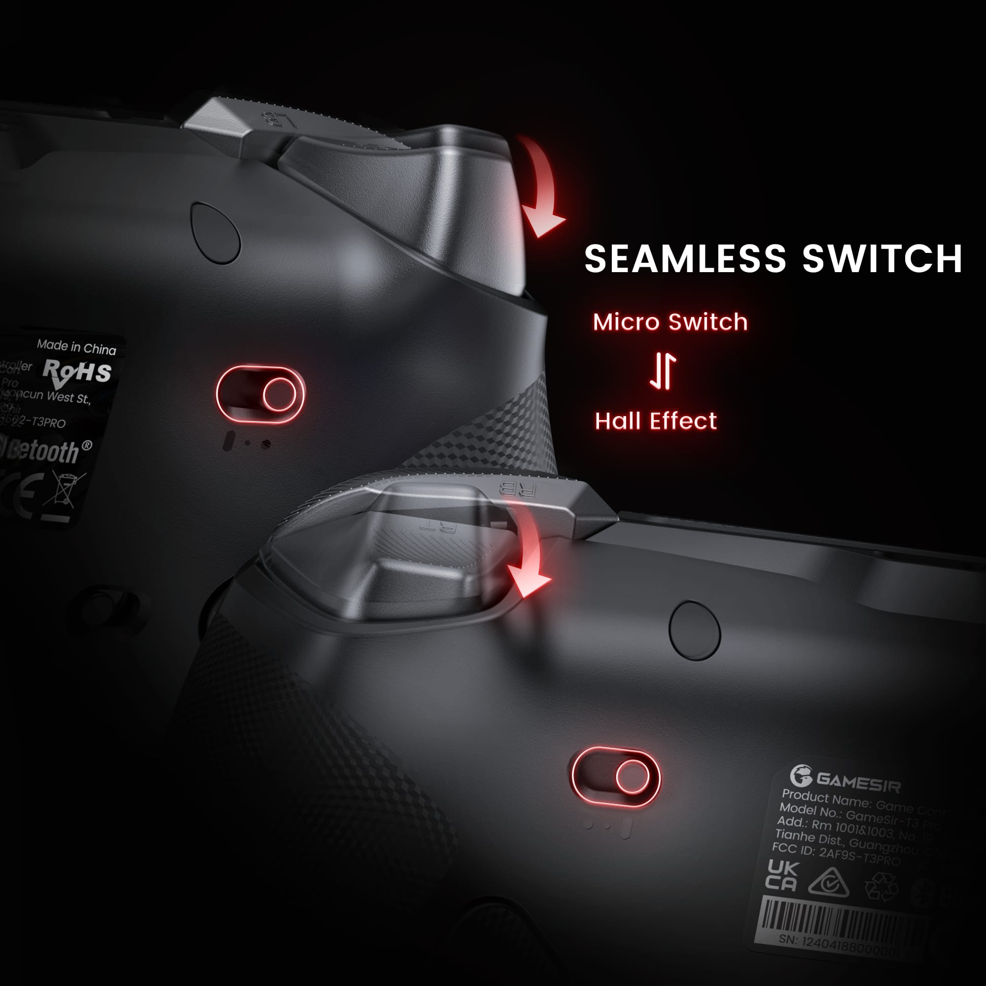 The text on the image reads: "Seamless Switch Made in China Micro Switch Hall Effect GameSir Product Name: Model No.: Game Add.: Rm GameSir-T 10011003 No. FCC Dist. Guangzhou ID: UK 2AF9S-T3PRO CA SN: 12404188000001."