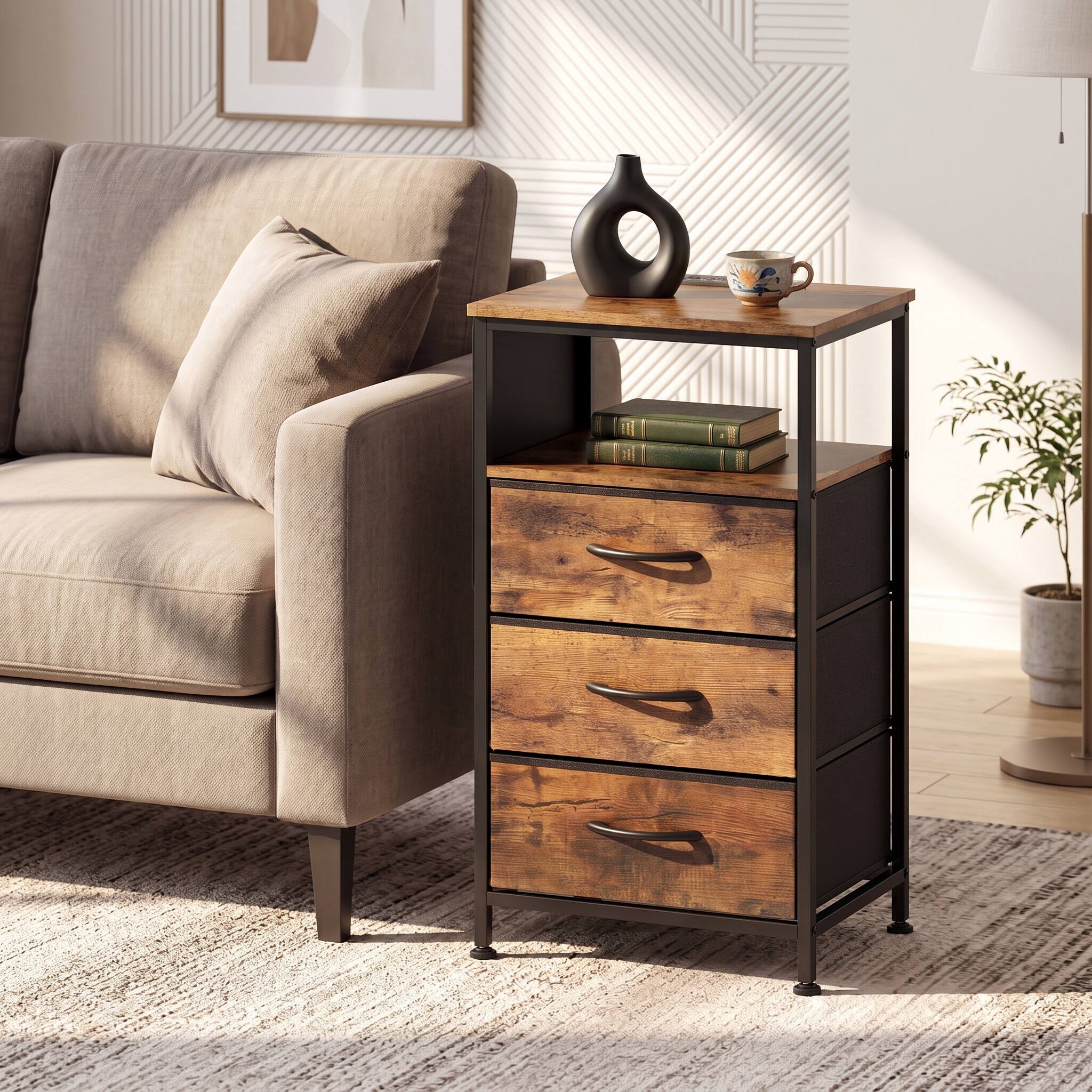 Alt View 4. WELLFOR - 27.5" Modern Nightstand with Charging Station and 3 Fabric Drawers - Rustic Brown.