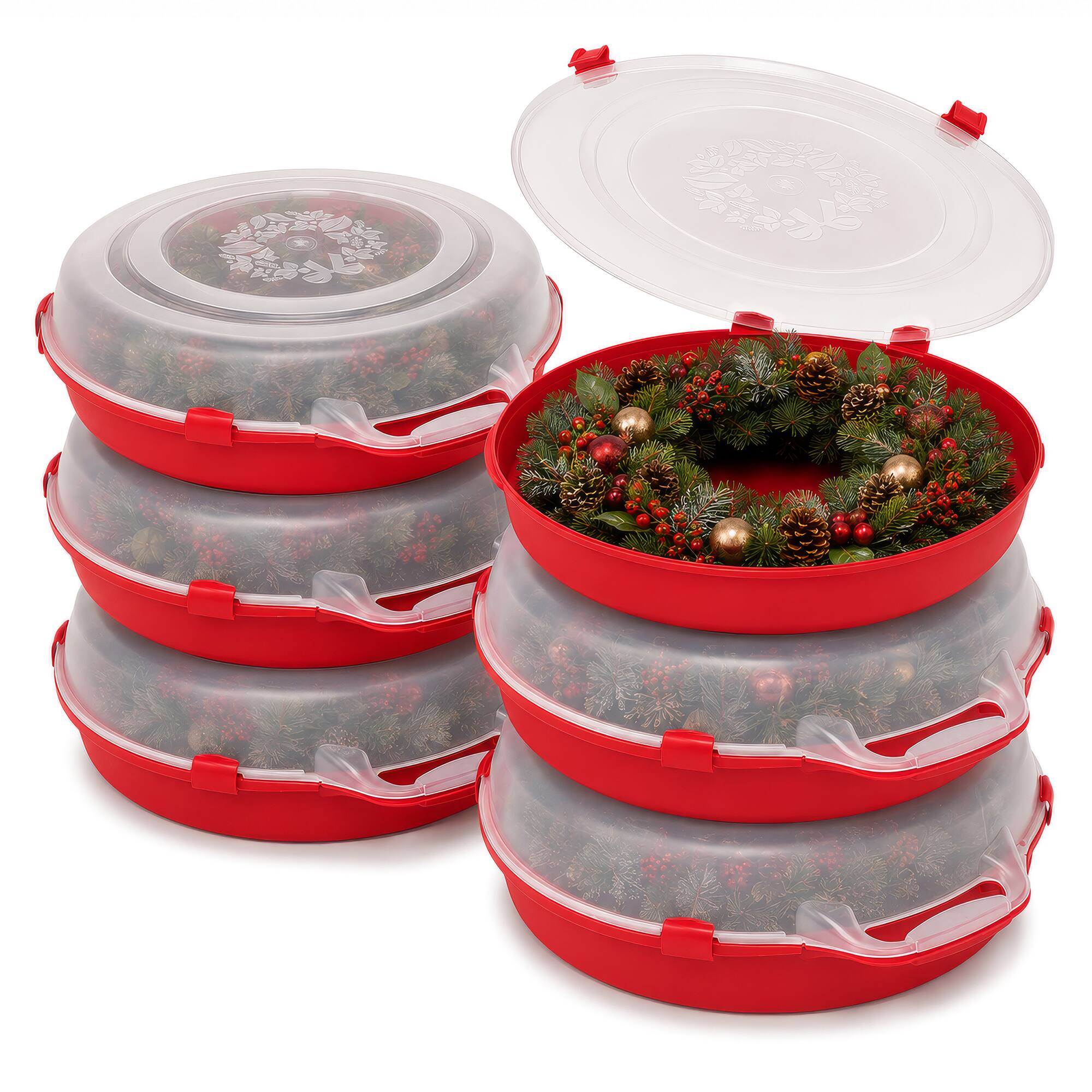 Front. Homz - Homz 24 Inch Seasonal Holiday Christmas Plastic Wreath Storage Box, Red (6 Pack) - Red.