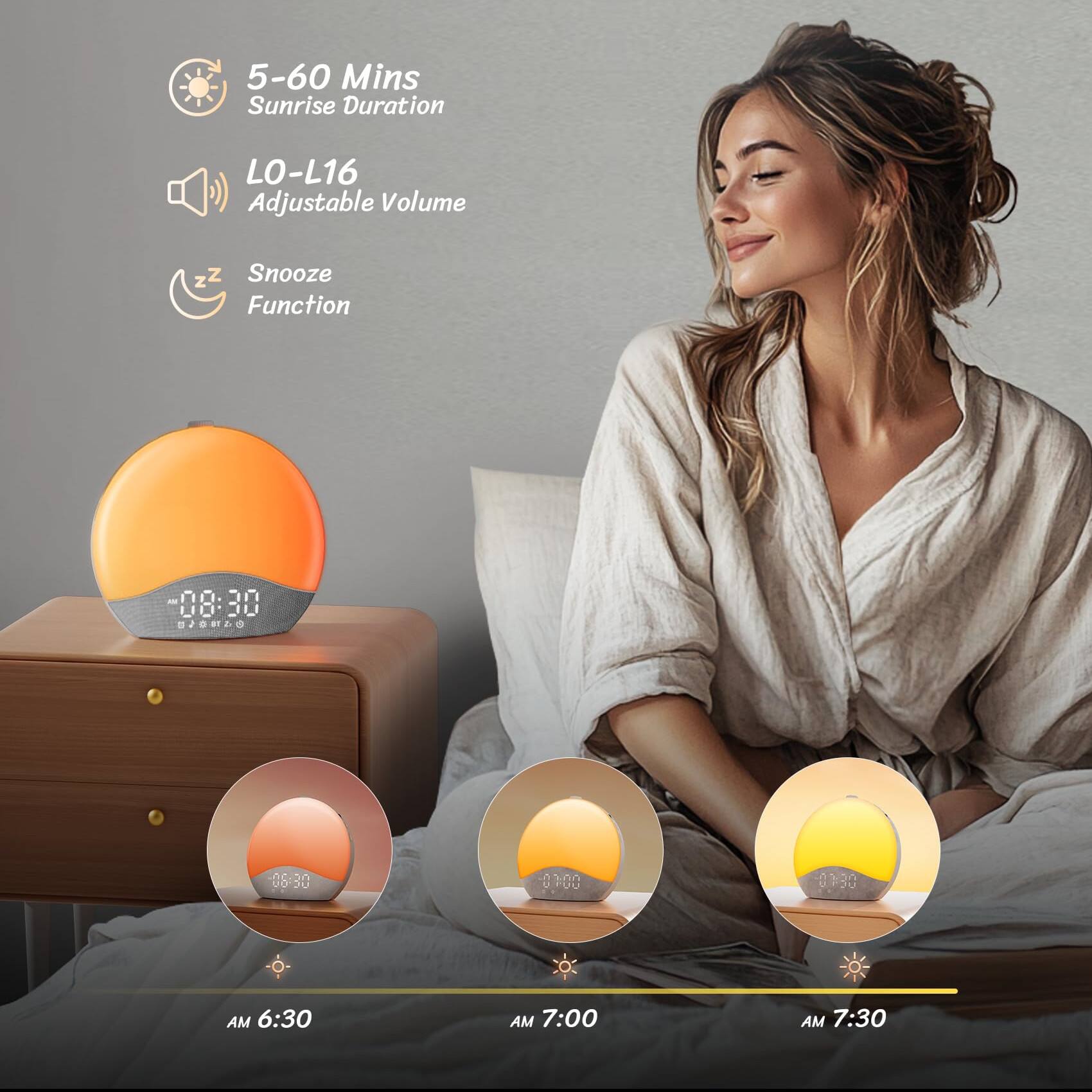 5-60 Mins Sunrise Duration  
LO-L16 Adjustable Volume  
Snooze Function  

-08:30  
30 BJO820  
0-0 00 V 0V  

AM 6:30  
AM 7:00  
AM 7:30
