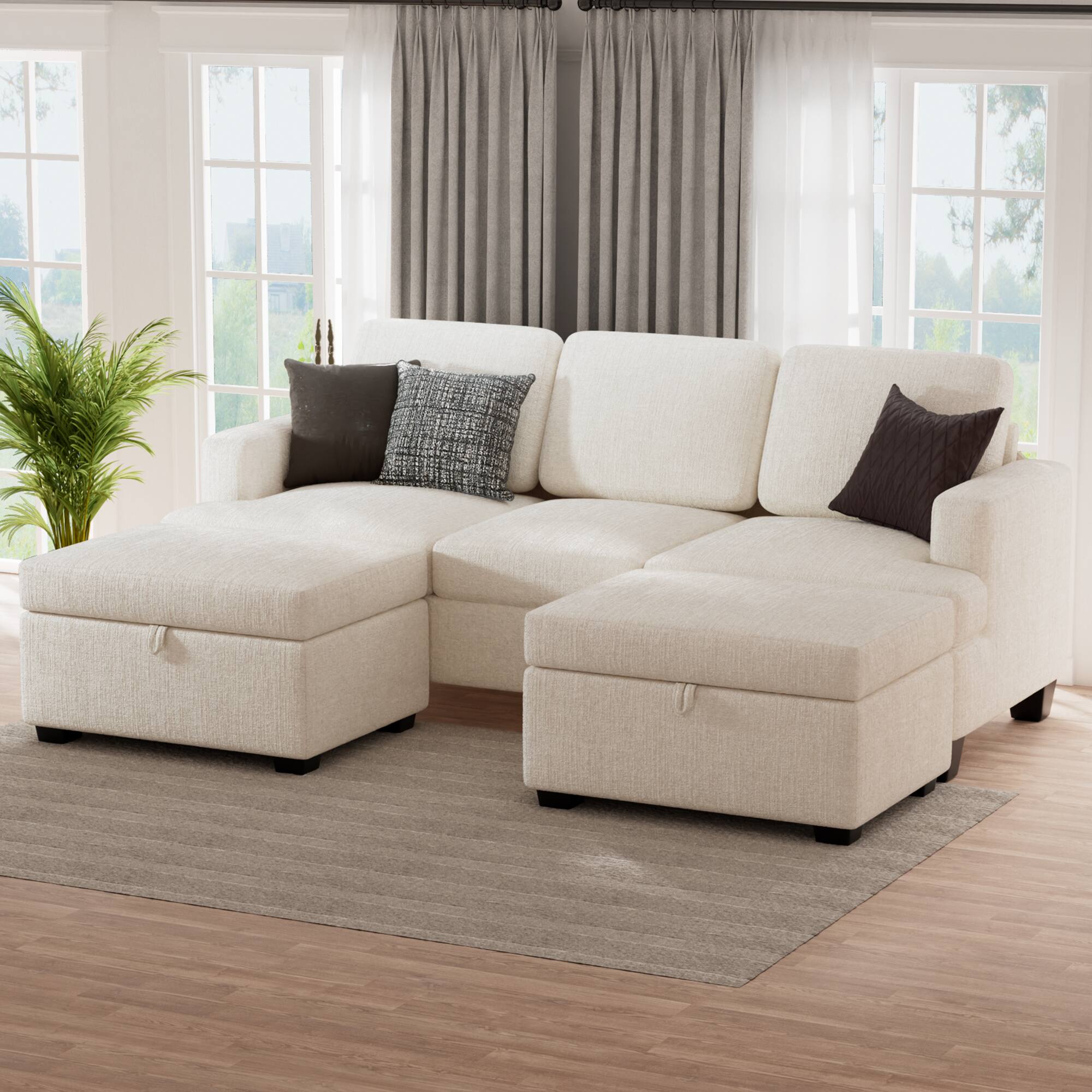 Front. KERDOM - 3 Seat Sofa for Living Room, L-Shaped Chenille Couch with Deep Seat, Storage Ottoman, Sectional Couch with Chaise Longue - Beige + 2 Ottomans.