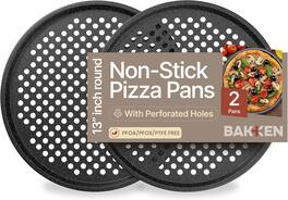 Bakken- Swiss - Bakken 2-Pack Round Pizza Pans – Perforated Carbon Steel, Non-Stick Marble Coating, Silicone Handles, Easy Clean - Gray