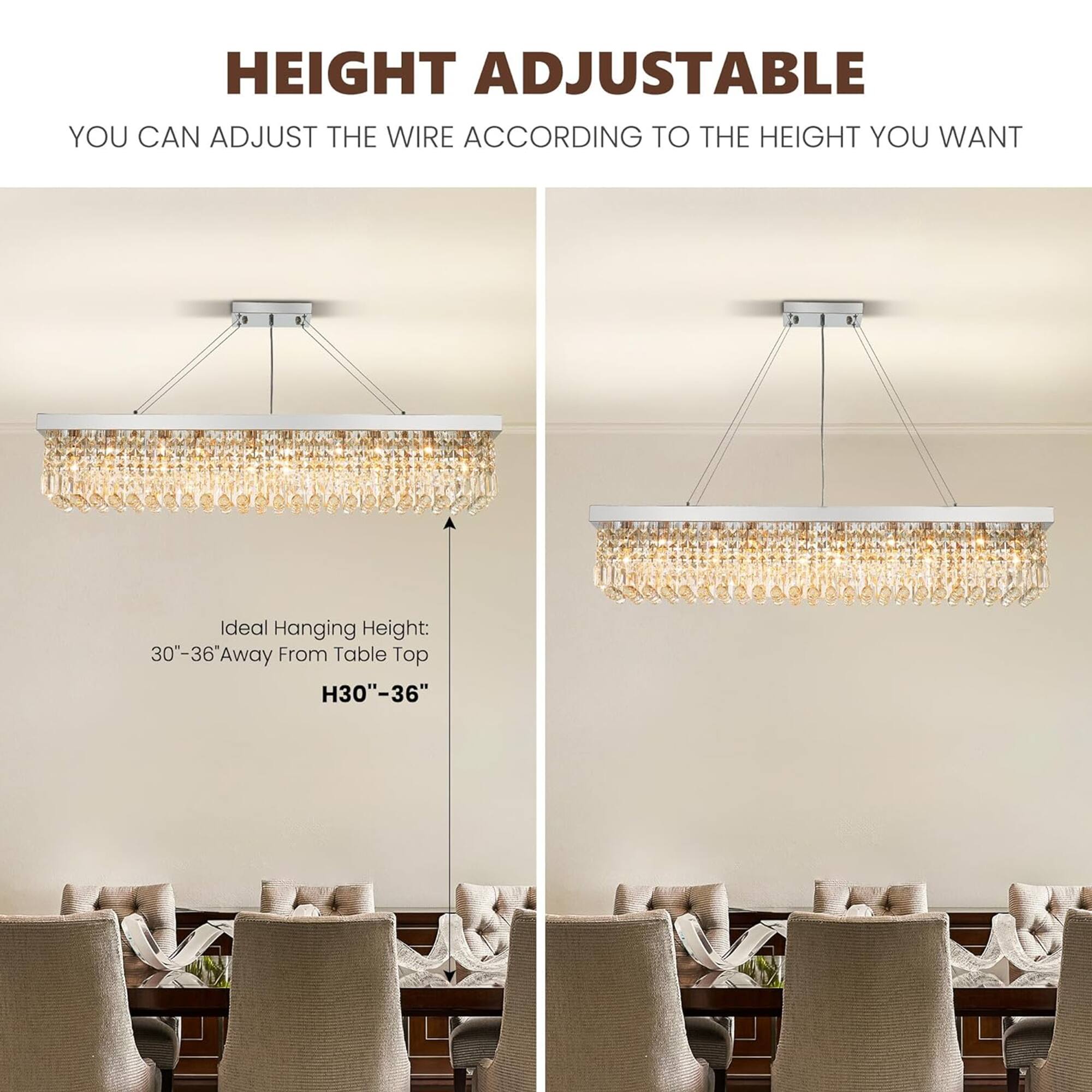 HEIGHT ADJUSTABLE  
YOU CAN ADJUST THE WIRE ACCORDING TO THE HEIGHT YOU WANT  

Ideal Hanging Height: 30"-36" Away From Table Top  
H30"-36"