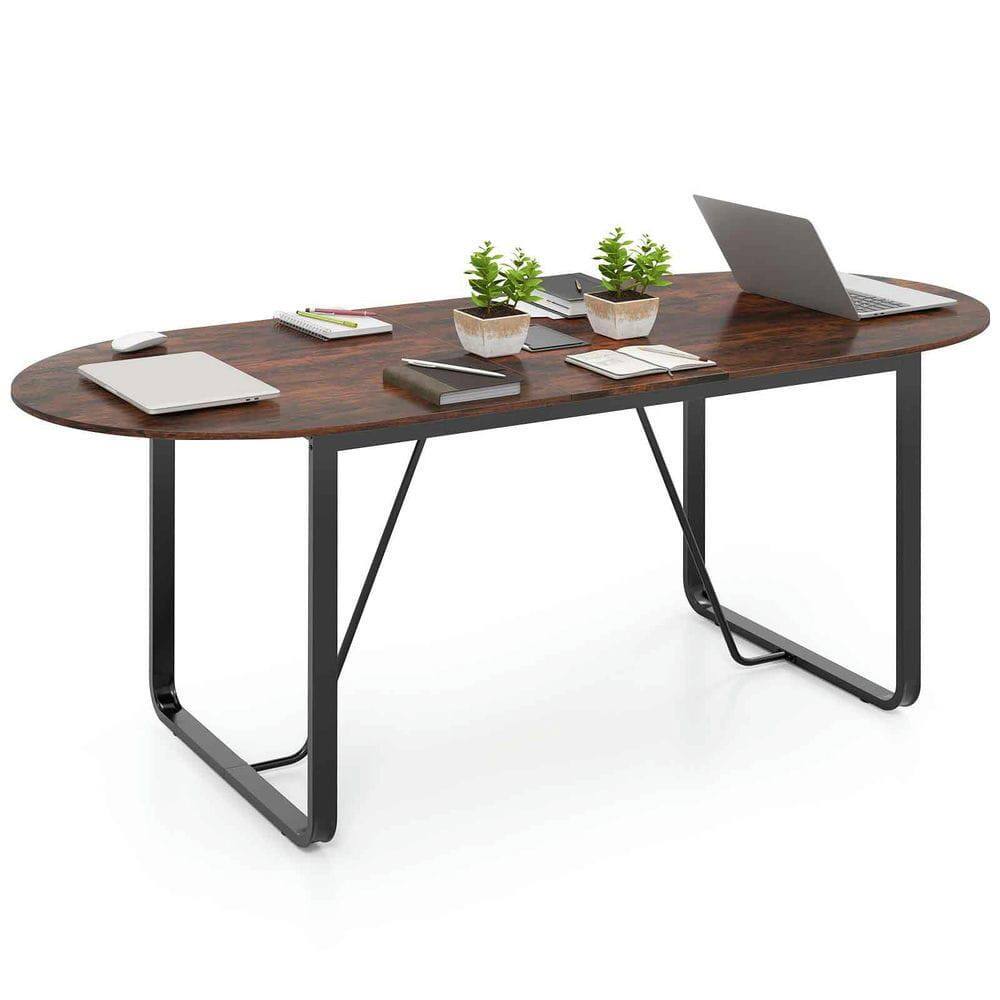Alt View 4. Kadyn - 71-Inch Executive Oval Home Office Table - Cable Management Hole, Rustic Brown & Black - Brown.