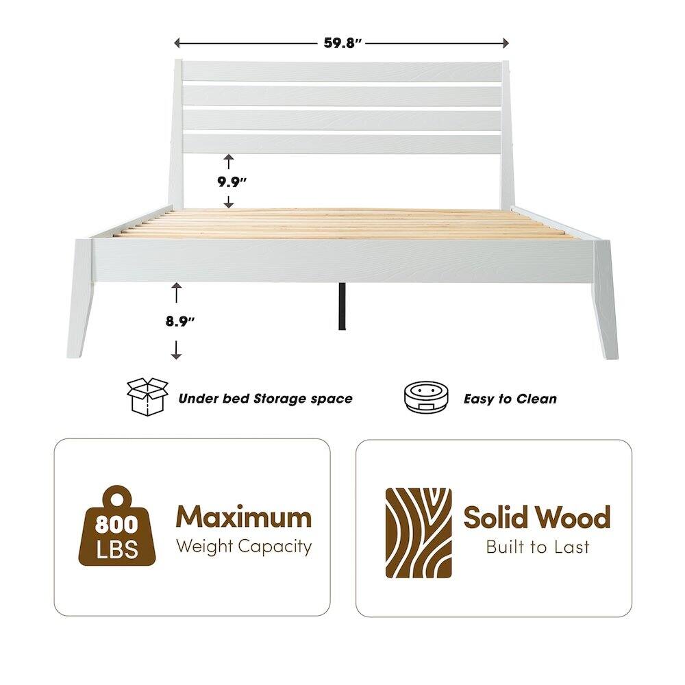 59.8" 9.9" 8.9" Under bed Storage space Easy to Clean 800 Maximum LBS Weight Capacity Solid Wood Built to Last
