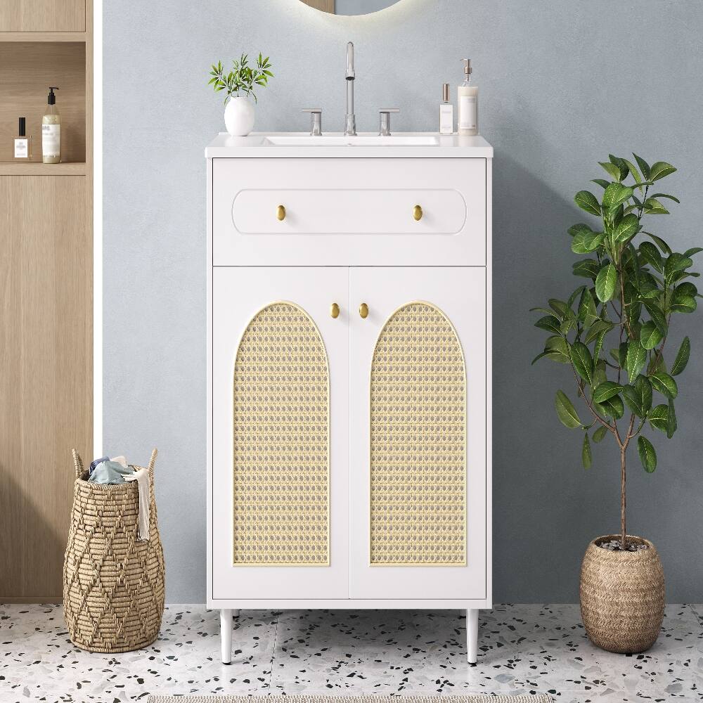 Alt View 6. Loheer - Loheer 30 inch bathroom vanity with sink White Rattan Solid Wood Cabinet - White.