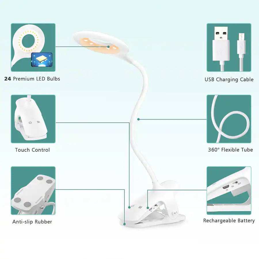 White Control Slips LENCENT 28 LED Desk Lamp Clip Reading Book Light USB Rechargeable Touch ...