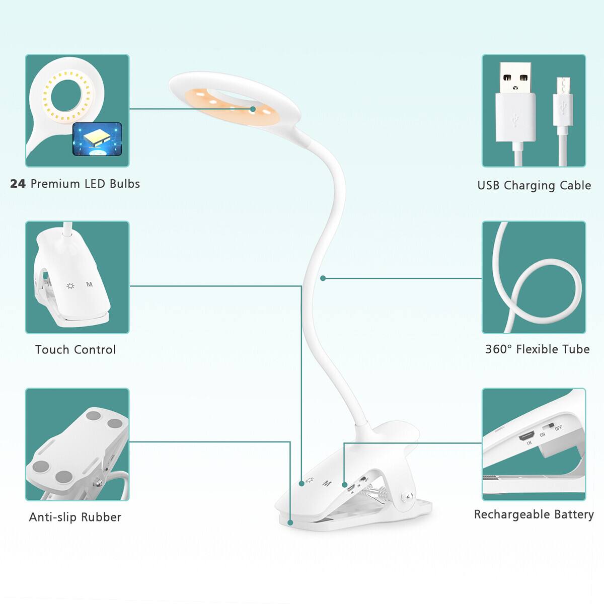 LENCENT 28 LED Desk Lamp Clip Reading Book Light USB Rechargeable Touch ...