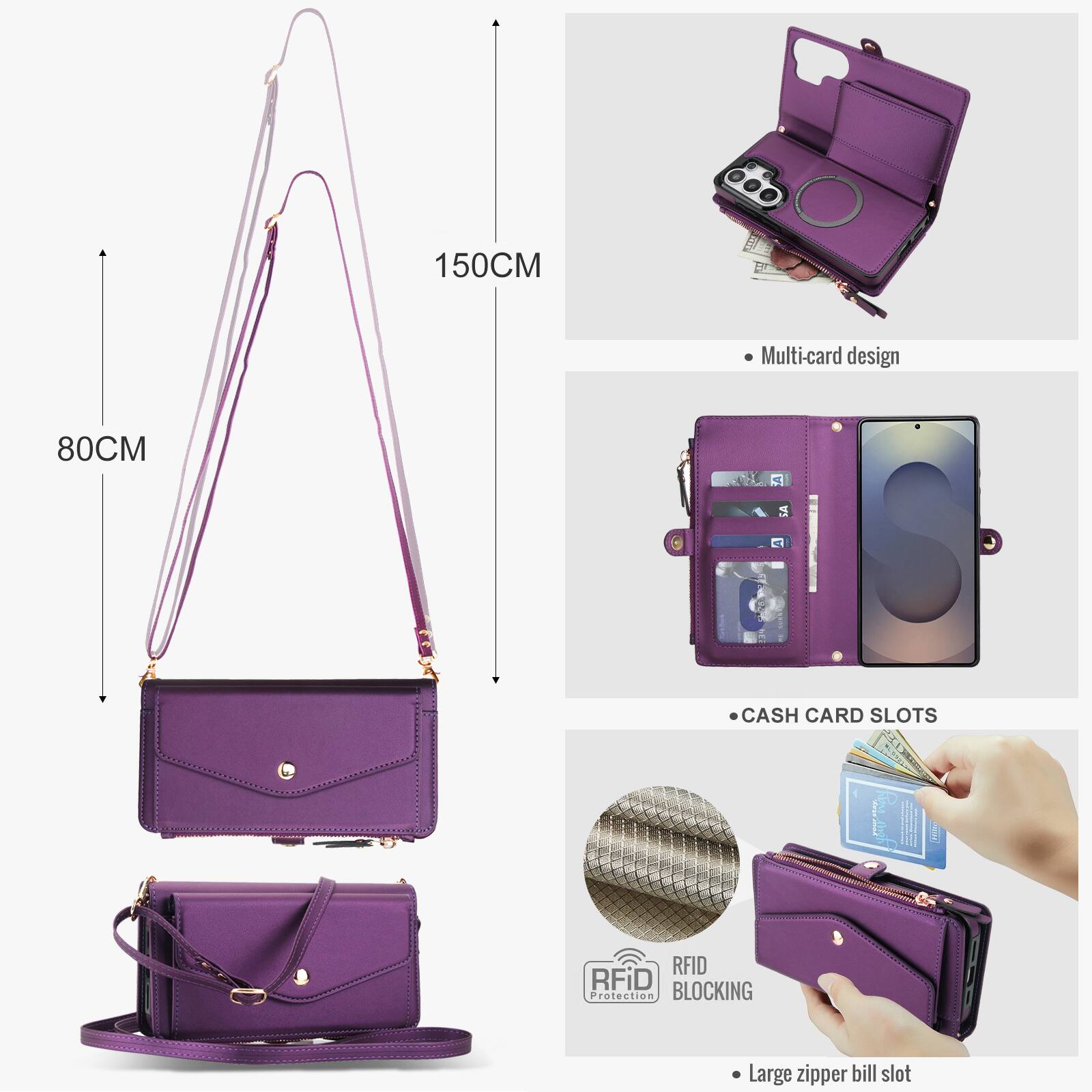 150CM  
Multi-card design  
80CM  
A SA  
CASH CARD SLOTS  
RFID Protection BLOCKING  
Large zipper bill slot