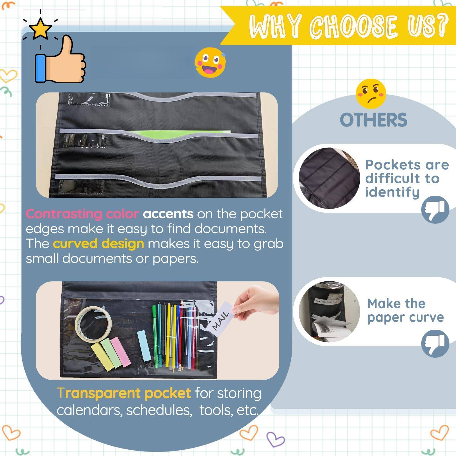 **WHY CHOOSE US?**

- **Contrasting color accents** on the pocket edges make it easy to find documents.
- The **curved design** makes it easy to grab small documents or papers.
- **Transparent pocket** for storing calendars, schedules, tools, etc.

**OTHERS**

- Pockets are difficult to identify
- Make the paper curve