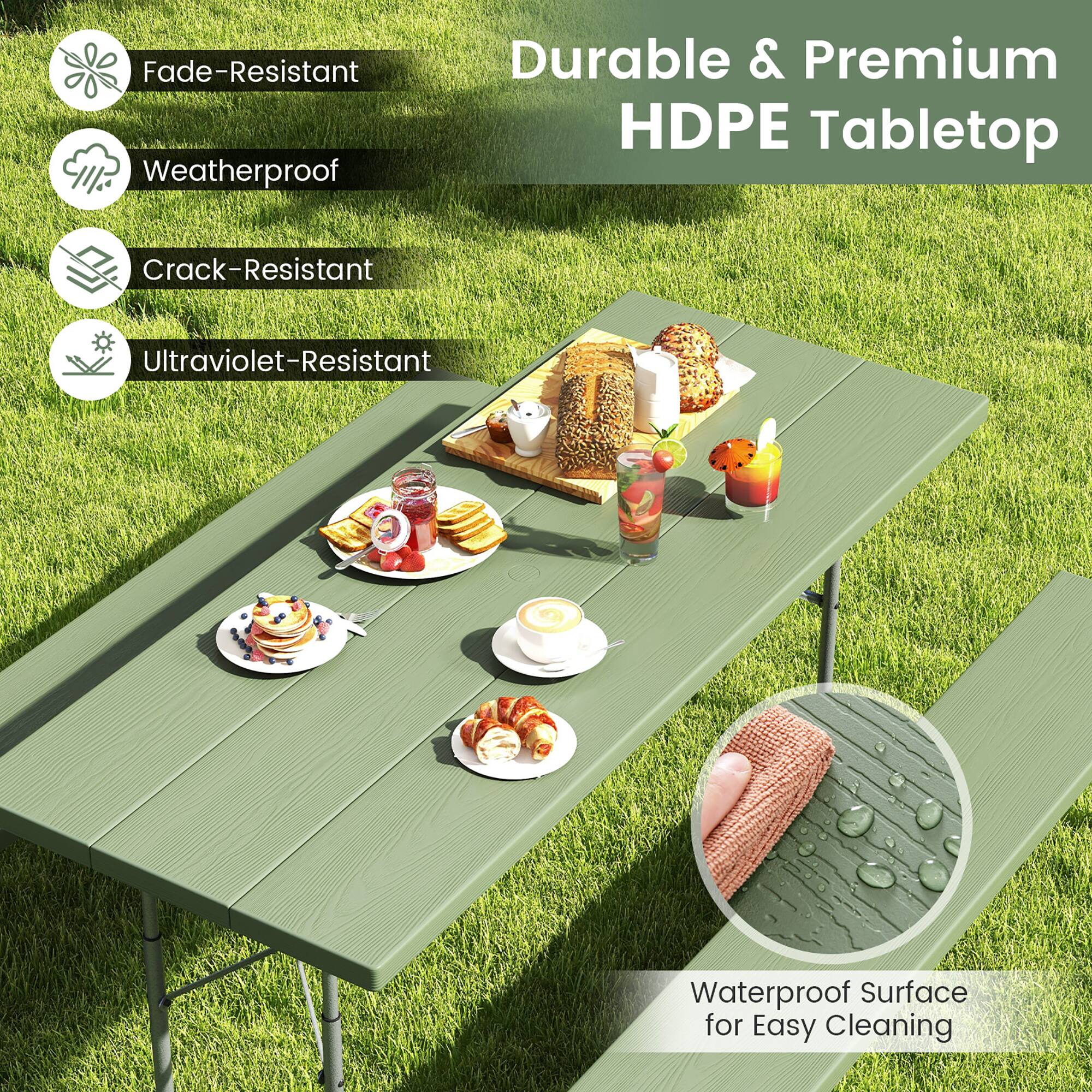 Fade-Resistant  
Weatherproof  
Crack-Resistant  
Ultraviolet-Resistant  

Durable & Premium HDPE Tabletop  

Waterproof Surface for Easy Cleaning