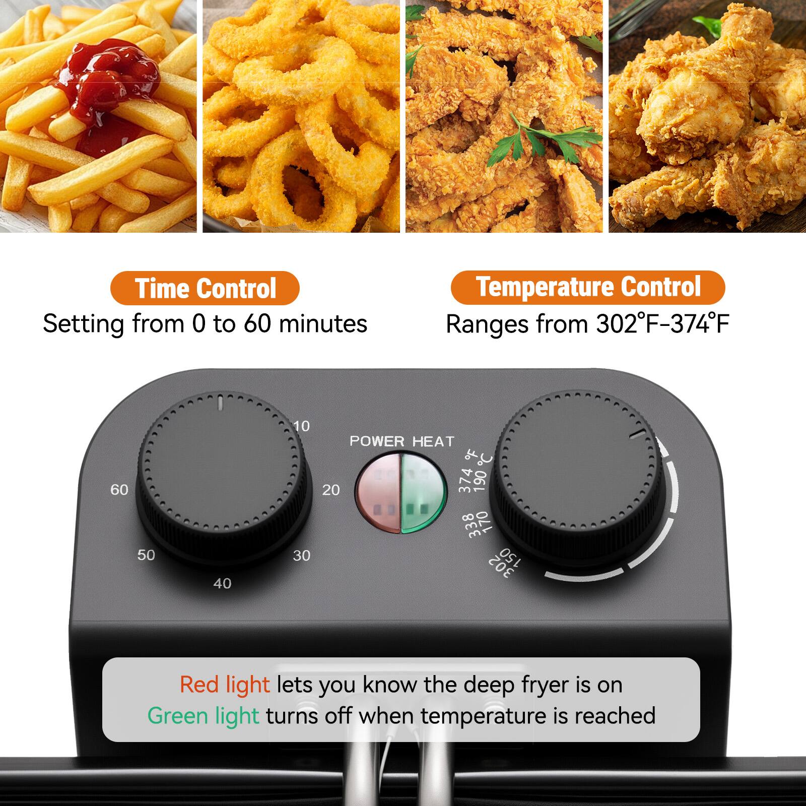 **Time Control**  
Setting from 0 to 60 minutes

**Temperature Control**  
Ranges from 302°F-374°F

- Red light lets you know the deep fryer is on
- Green light turns off when temperature is reached