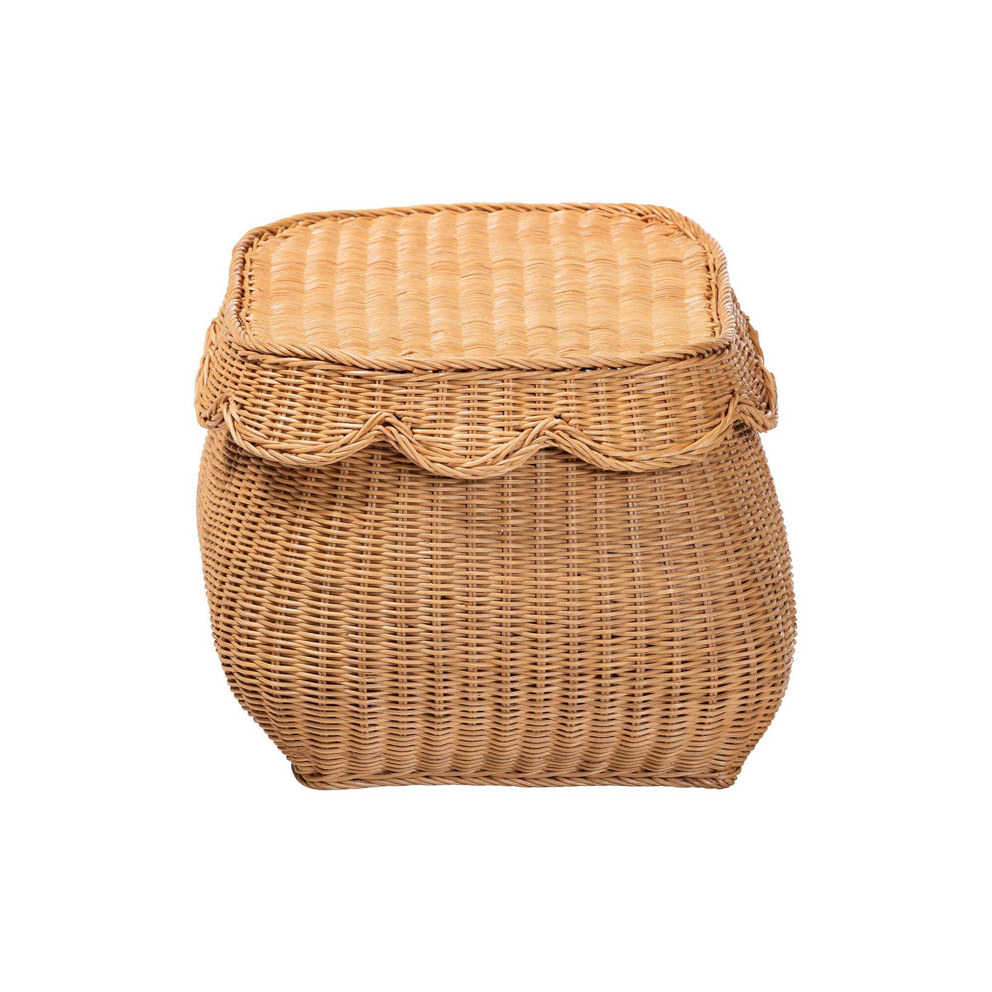 Back. bali & pari - Ayleen Natural Rattan Basket with Scalloped Lid – Handwoven Wicker Storage Box, Boho Coastal Home Décor, Small - Light Honey.