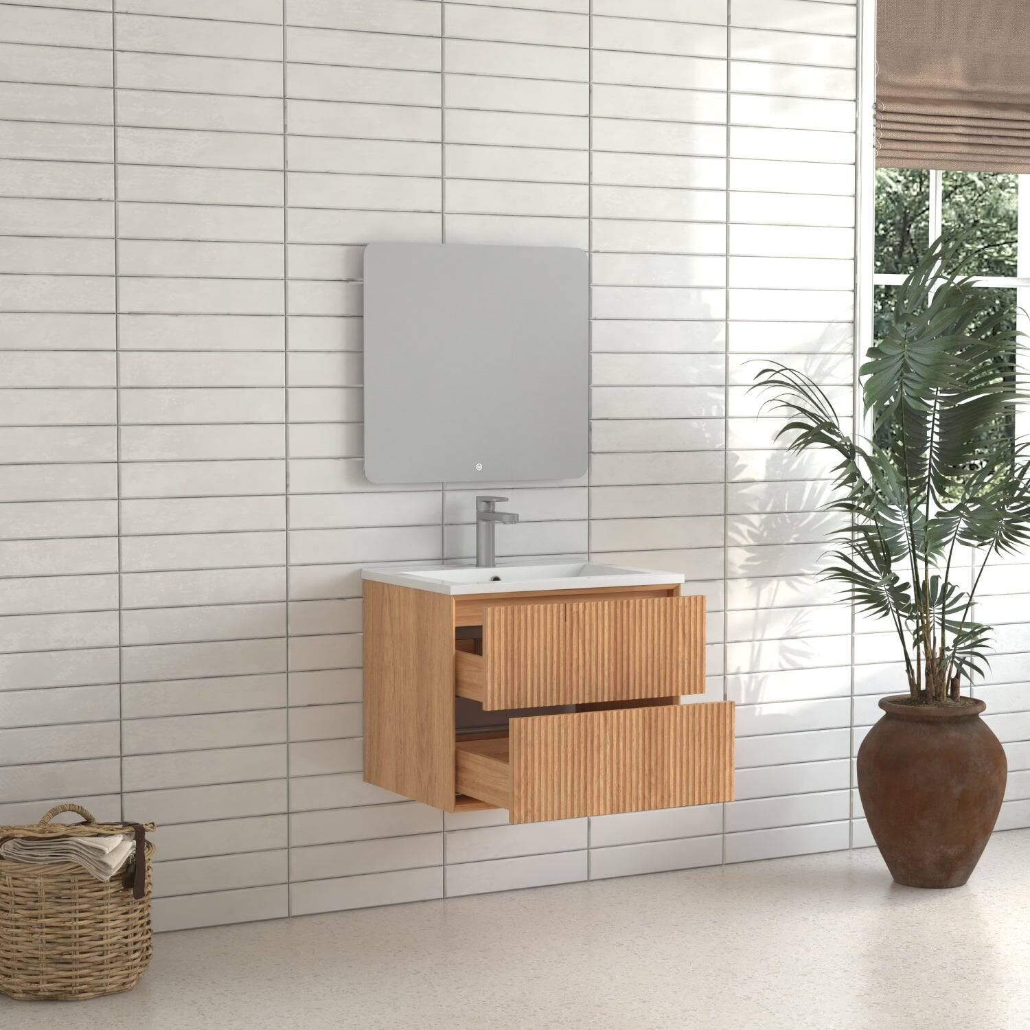 Alt View 4. Boyel Living - 24 in Floating Bathroom Vanity Set Wall-Mounted Solid Wood Cabinet with 2 Push-Open Drawers White Resin Integrated Basin - Walnut.
