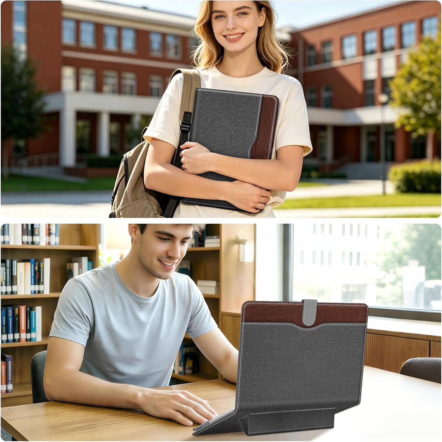 Alt View 3. Fintie - Folio Sleeve for MacBook Neo 13 Inch A3404 2026, Foldable Stand, Document Pocket, Magnetic Closure, PU Leather Cover - Gray/Brown.