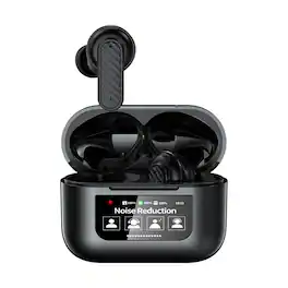 Cluzine - TWS Wireless Earbuds, ANC Noise Cancelling, Full-Color LCD Touchscreen, In-Ear Gaming Headphones - Black