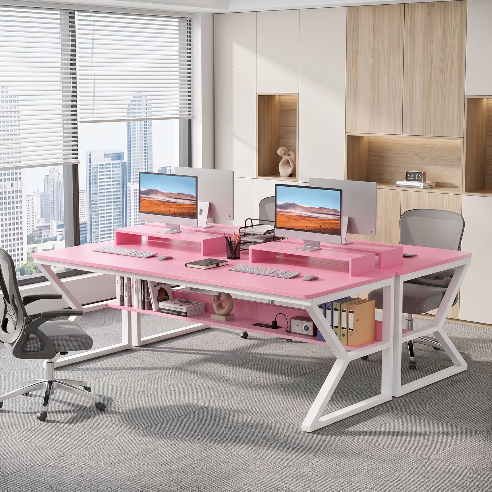 Alt View 1. Aheaplus - 63 Inch Extra Long Computer Desk with Charging Station, Large Workstation for Home & Office - Pink.