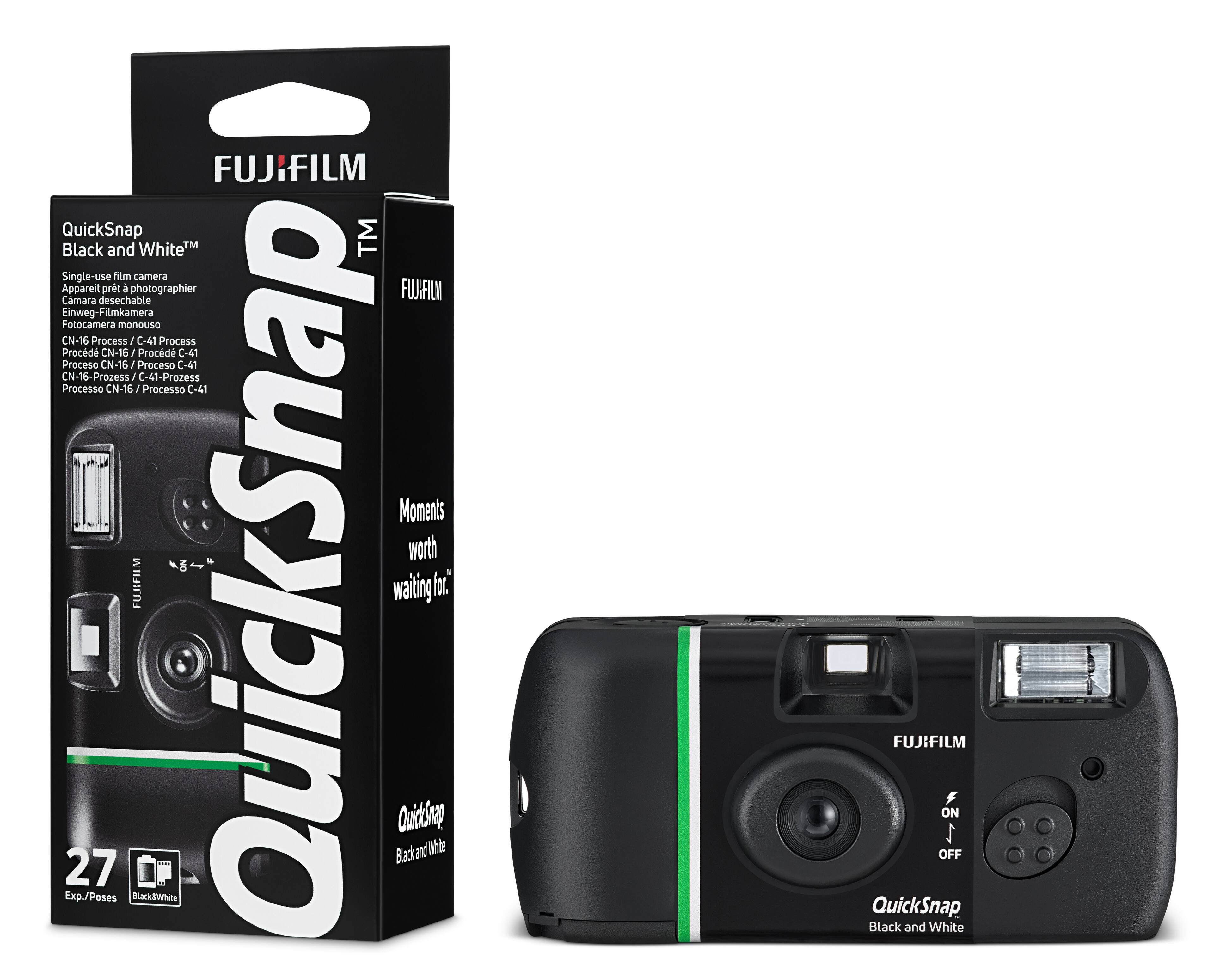 FUJIFILM QuickSnap™ Black and White™ Single-use film camera  
Appareil photo prêt à photographier  
Cámara desechable  
Einweg-Filmkamera  
Fotocamera monouso  
CN-16  
Process C-41  
Procd CN-16  
Proceso CN-16  
Proceso C-41  
CN-16-Prozess  
C-41-Prozess  
Processo CN-16  
Processo C-41  

Moments worth waiting for.  
27 Exp./Poses  
Black&White  

FUJIFILM ON OFF QuickSnap Black and White