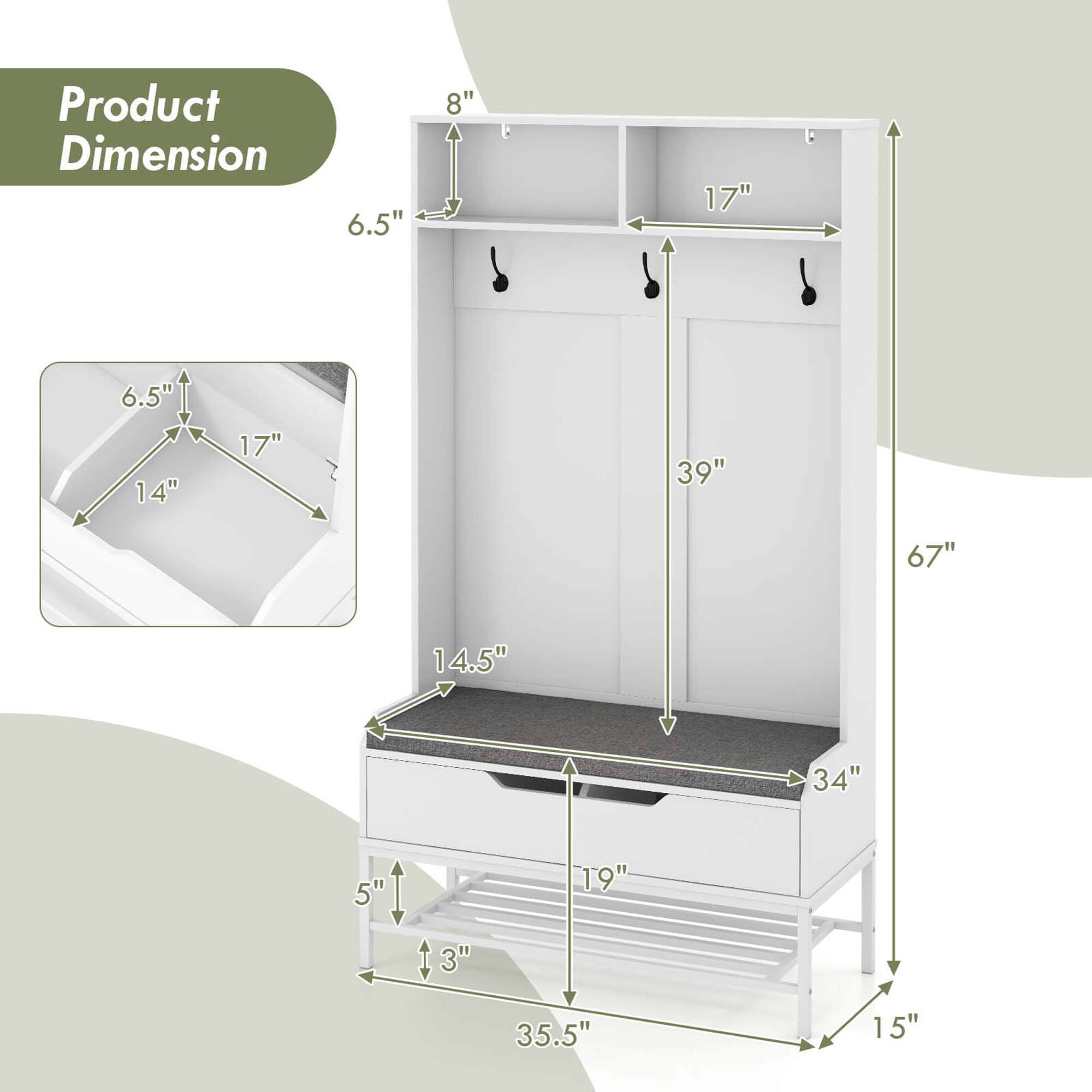 Product Dimension

- 6.5" (height of the shelf)
- 8" (height of the top section)
- 17" (width of the top section)
- 39" (height of the main section)
- 67" (total height)
- 14" (depth of the shelf)
- 14.5" (depth of the main section)
- 34" (width of the main section)
- 5" (height of the lower shelf)
- 3" (height of the lower shelf)
- 19" (depth of the lower shelf)
- 35.5" (width of the lower shelf)
- 15" (depth of the lower shelf)