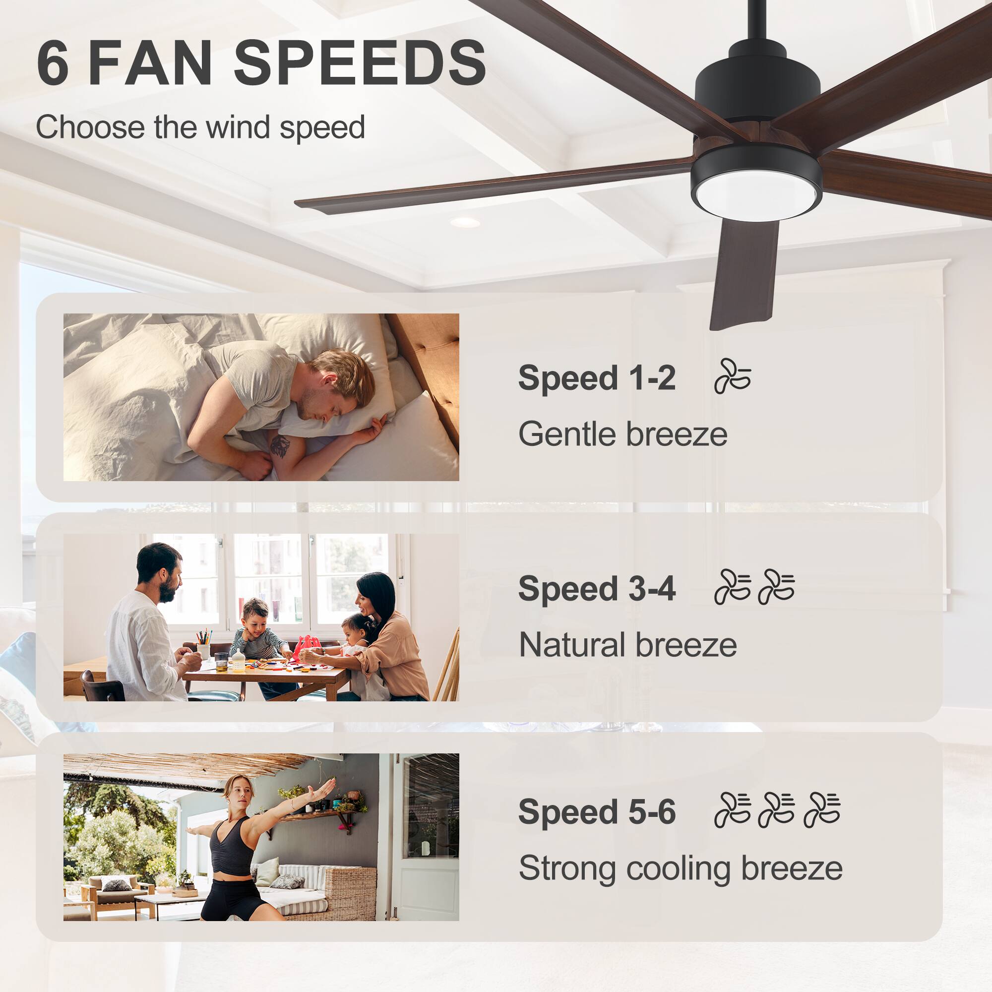6 FAN SPEEDS  
Choose the wind speed

Speed 1-2  
Gentle breeze

Speed 3-4  
Natural breeze

Speed 5-6  
Strong cooling breeze