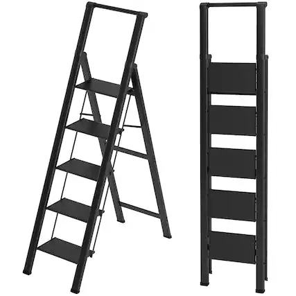 Front. Topteng - 5-Step Foldable Ladder, Aluminum Step Stool with Anti-Slip Pedal & Handrail - 330 lb Load, Lightweight for Home & Office - Black.