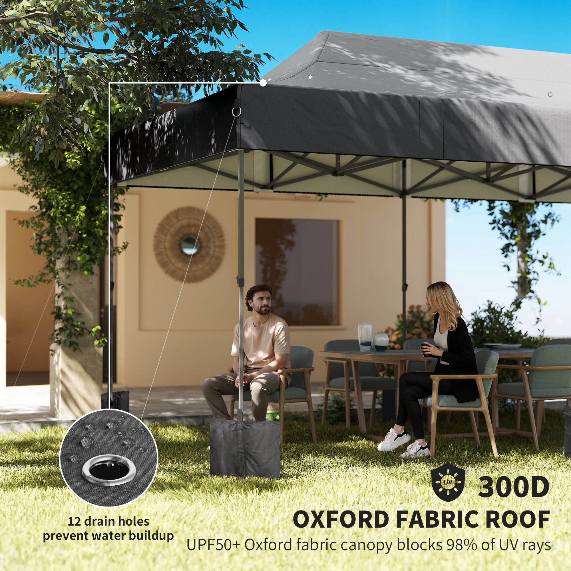 U 300D  
12 drain holes  
OXFORD FABRIC ROOF  
prevent water buildup  
UPF50+ Oxford fabric canopy blocks 98% of UV rays