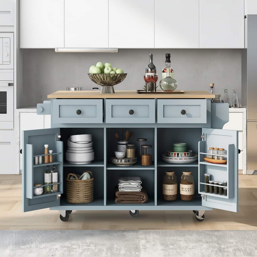 Forest'nSky - Kitchen Cart with Rubber Wood Drop-Leaf Countertop – 5 Wheels, Storage Cabinet, 3 Drawers & Internal Door Racks - Blue