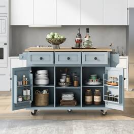Forest'nSky - Kitchen Cart with Rubber Wood Drop-Leaf Countertop – 5 Wheels, Storage Cabinet, 3 Drawers & Internal Door Racks - Blue