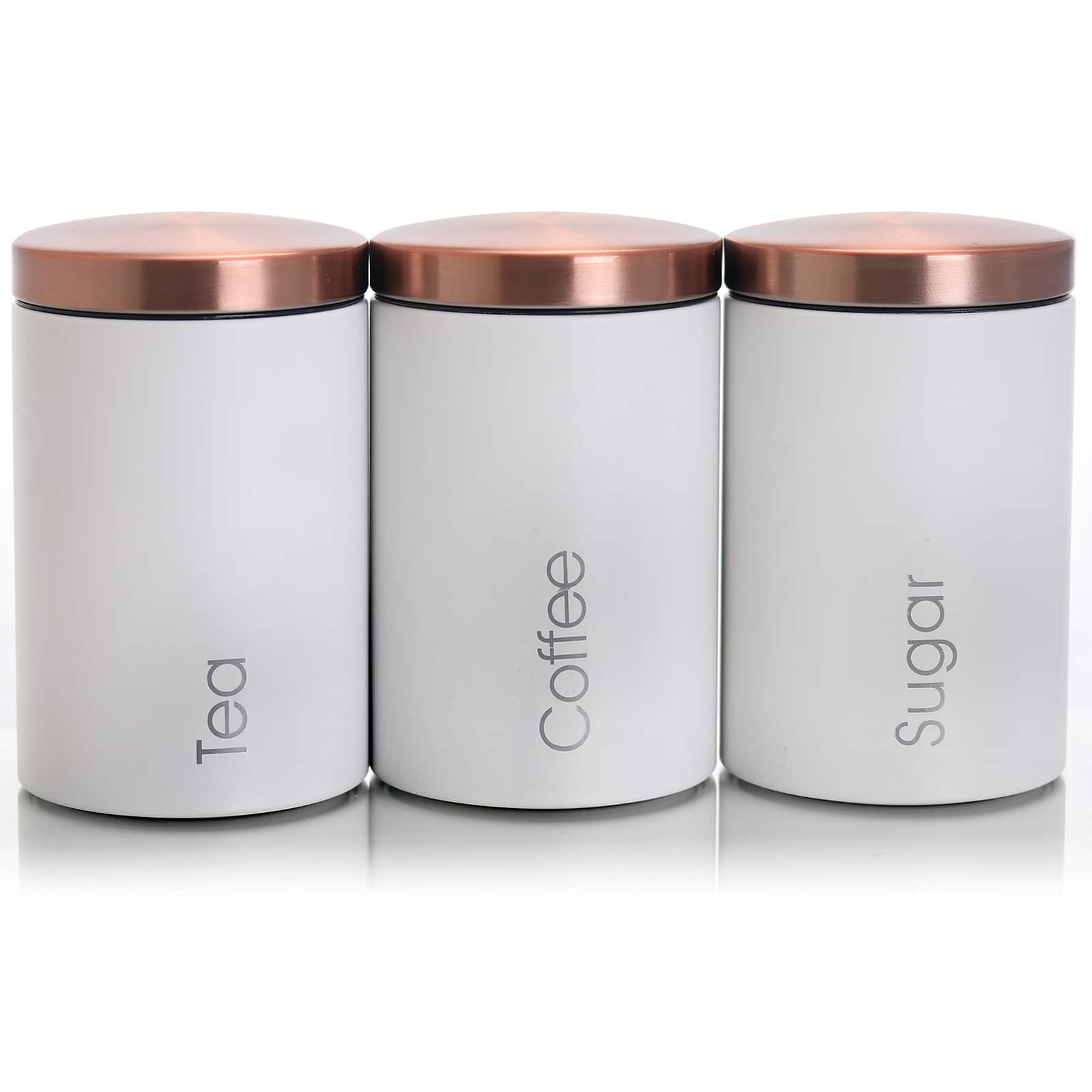 MegaChef - Essential Kitchen Storage 3 Piece Sugar, Coffee and Tea Canister Set in Matte White - White and Bronze