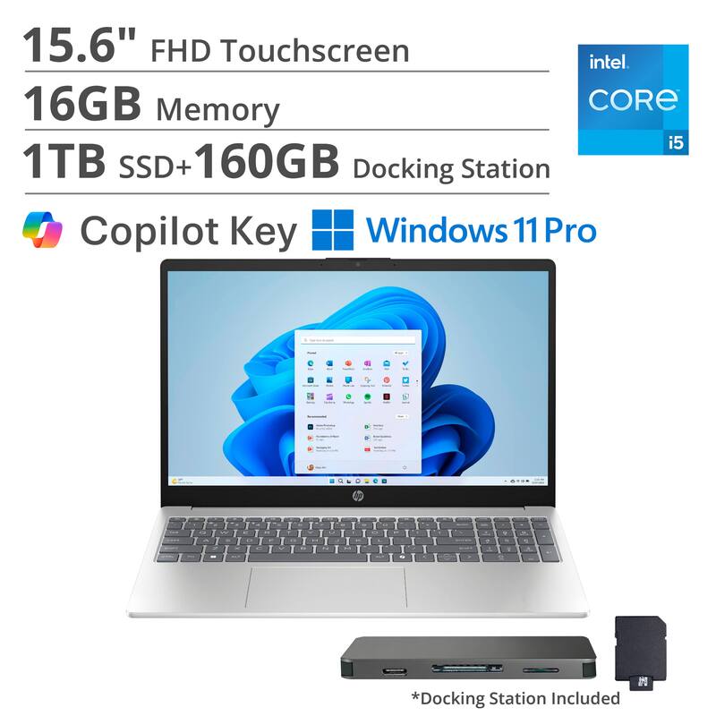 15.6" FHD Touchscreen  
16GB Memory  
1TB SSD + 160GB  
Intel Core i5  
Copilot Key  
Windows 11 Pro  
Docking Station Included