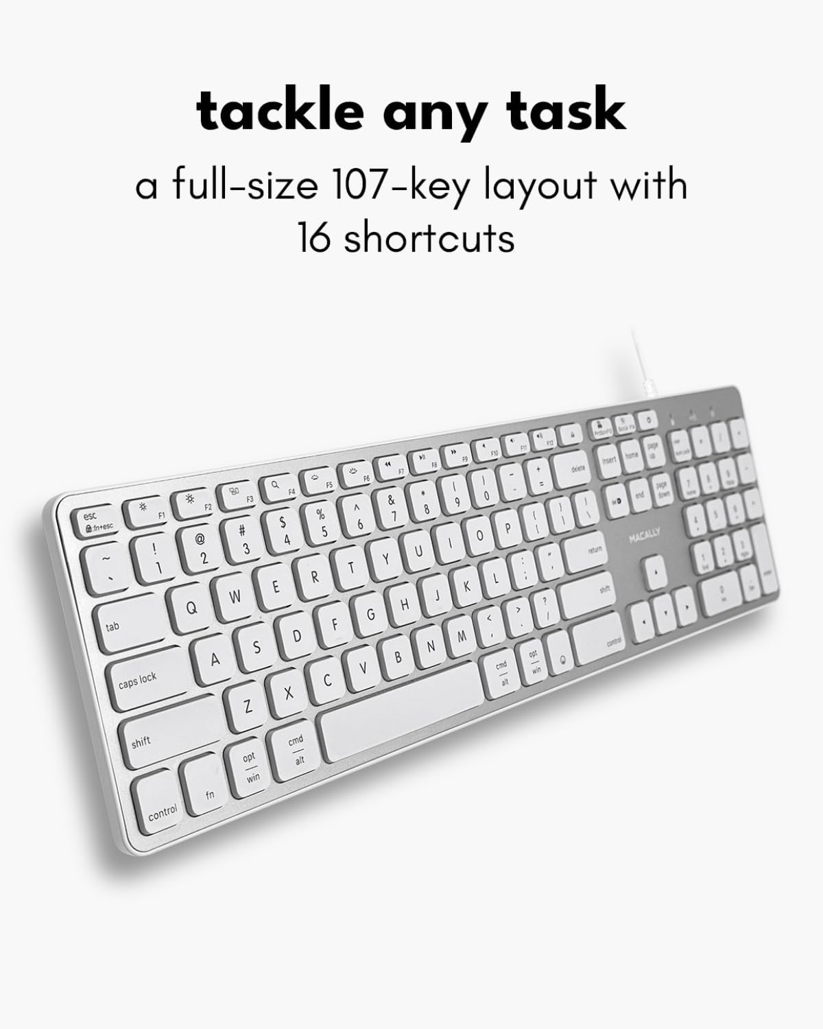 The text on the image reads: "tackle any task a full-size 107-key layout with 16 shortcuts."
