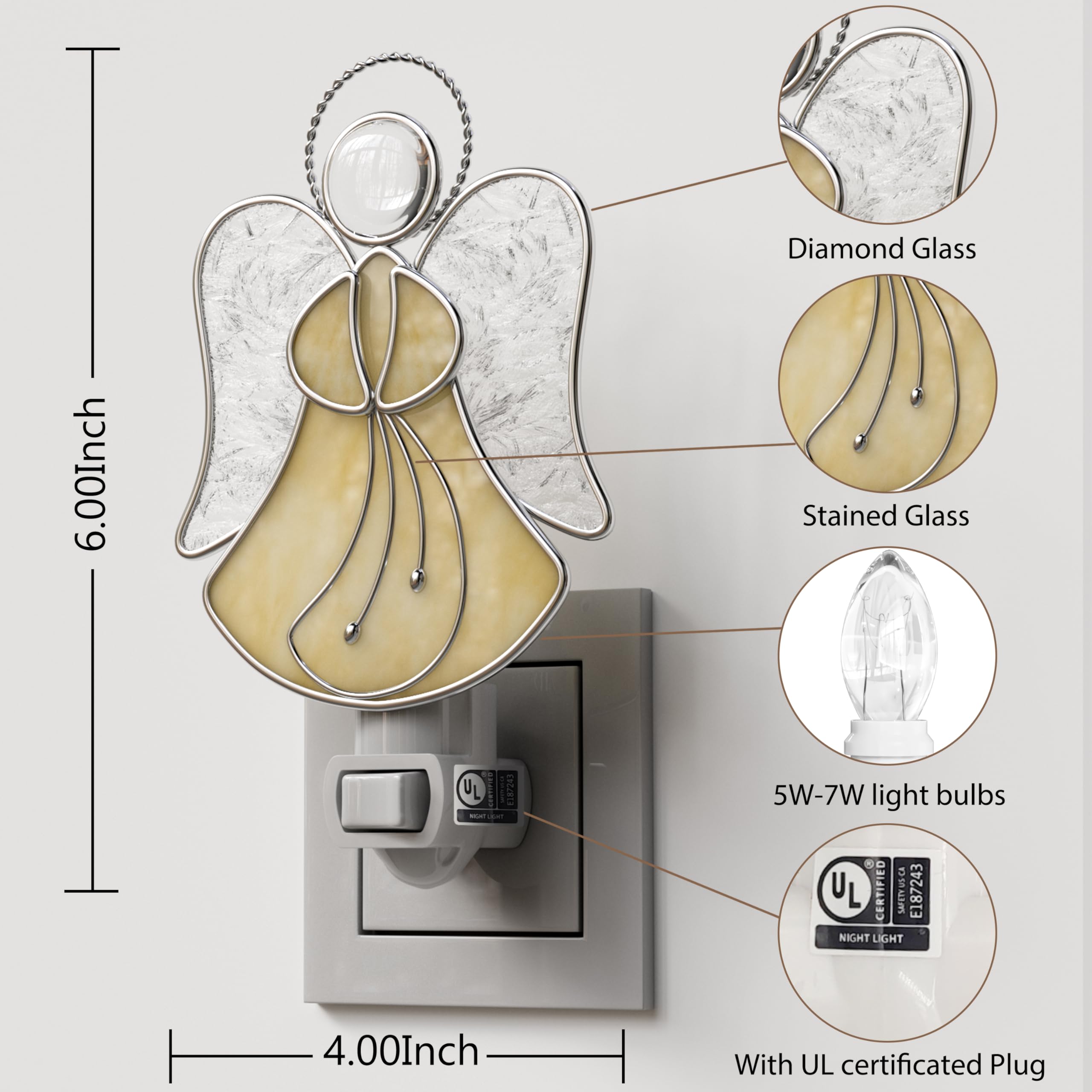 6.00 Inch Diamond Glass Stained Glass I - 18r2 5W-7W light bulbs UL CERTIFIED n- E187243 NIGHT LIGHT 4.00 Inch With UL certificated Plug
