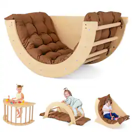 Costway - 6 in 1 Climbing Arch Wooden Rocker Arch Climbing Toy with Removable Cushion - Coffee,Natural