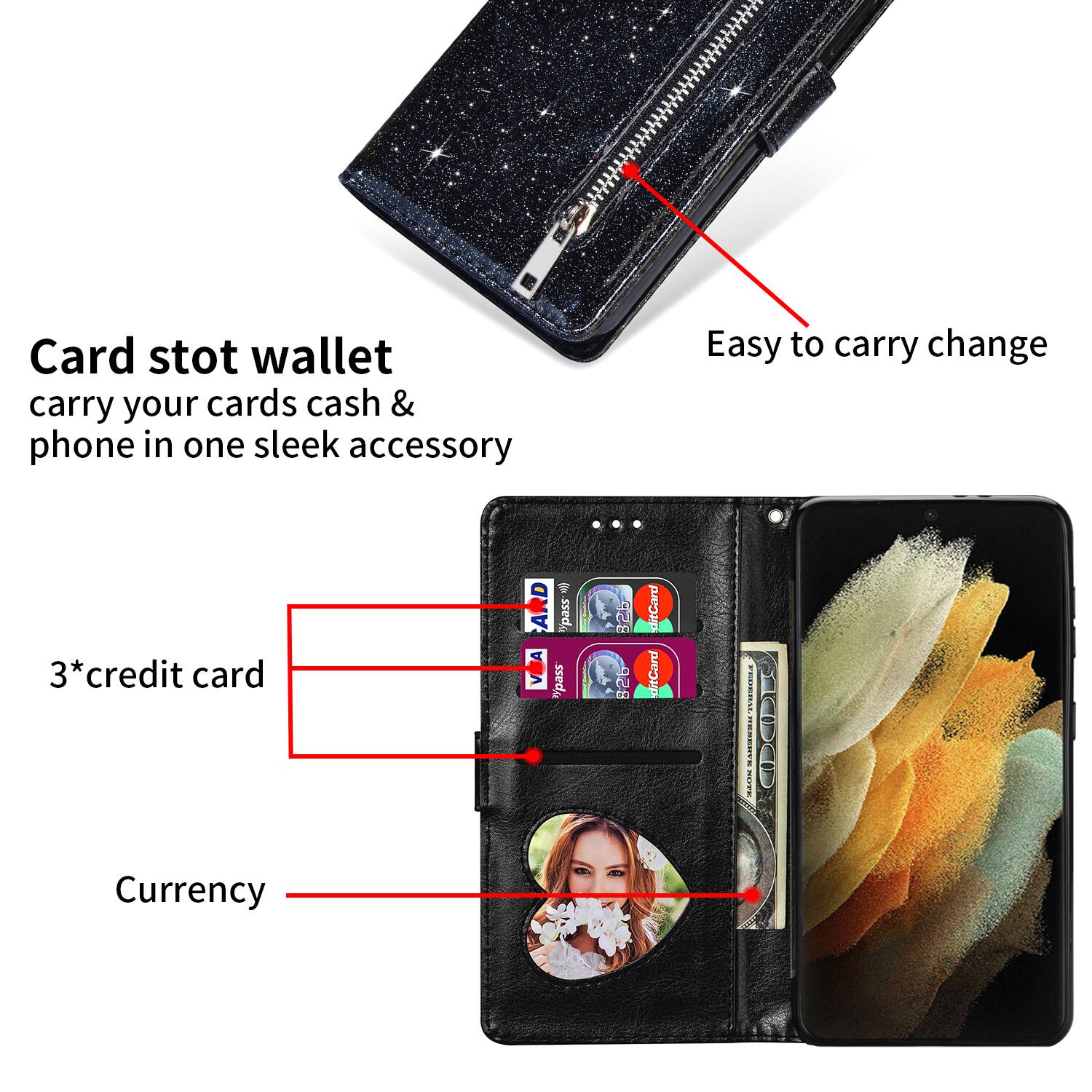 Card stot wallet  
carry your cards cash & phone in one sleek accessory  
Easy to carry change  
3*credit card  
Currency