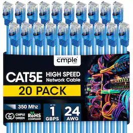 Cmple.com - Cmple - 20 Pack Cat5e Ethernet Cable 7ft Internet Patch Cord, RJ45, 1 Gigabit Router Cables 350Mhz LAN Wire - Blue