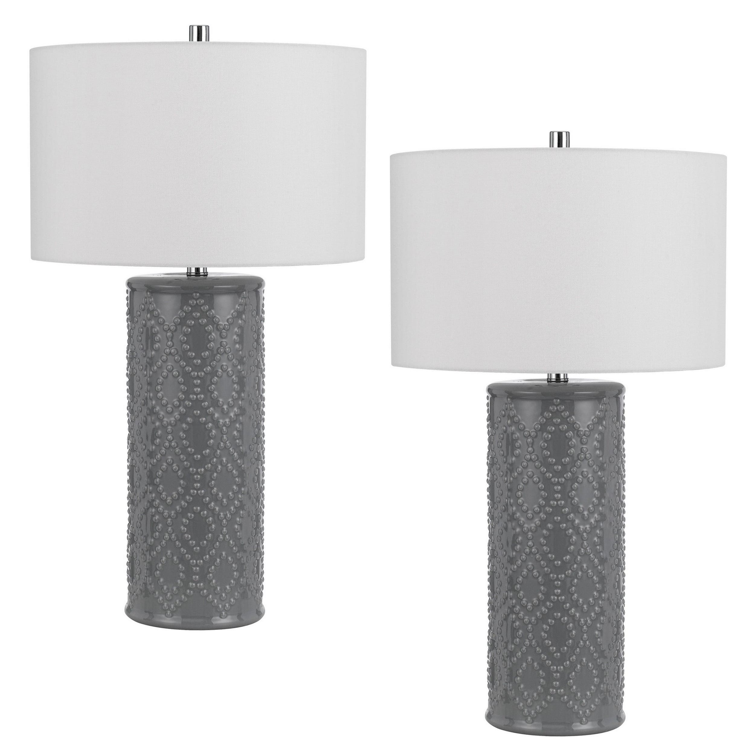 Manhattan Lane - 29 Inch Accent Table Lamp Set of 2, Tall Cylinder, Ball Finial Accent - White, Silver, and Gray