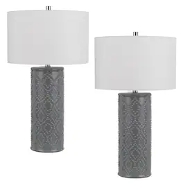 Manhattan Lane - 29 Inch Accent Table Lamp Set of 2, Tall Cylinder, Ball Finial Accent - White, Silver, and Gray