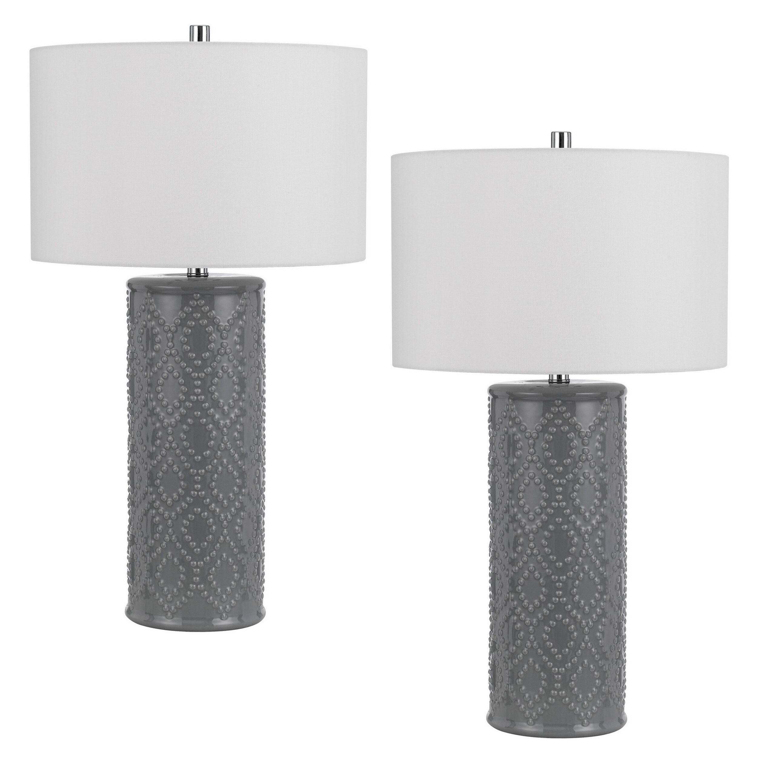 Front. Manhattan Lane - 29 Inch Accent Table Lamp Set of 2, Tall Cylinder, Ball Finial Accent - White, Silver, and Gray.