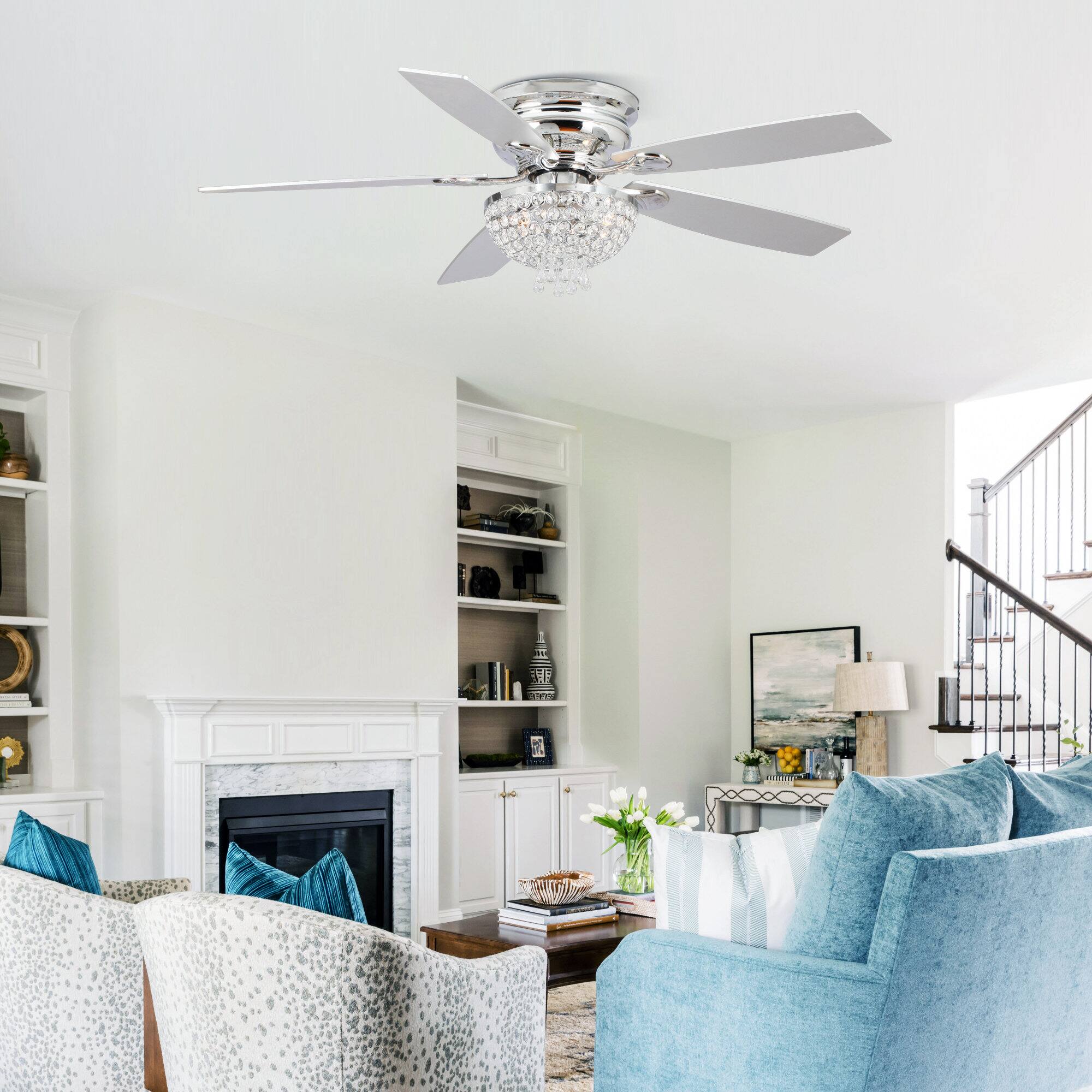 Left. Parrot Uncle - 52" Modern Chrome Low Profile Crystal Ceiling Fan with Remote and 3-Speed Motor - Chrome.