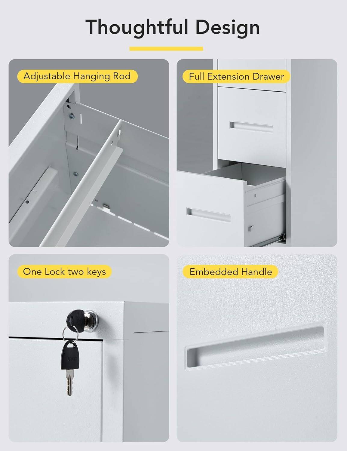 Thoughtful Design

- Adjustable Hanging Rod
- Full Extension Drawer
- One Lock two keys
- Embedded Handle