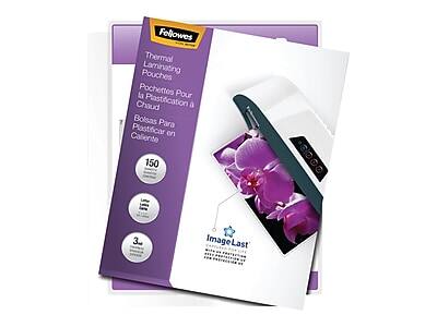 Fellowes Thermal Laminating Pouches  
Pochettes Pour Plastification à Chaud  
Bolsas Para Plastificar en Caliente  

150 pouches  

ImageLast  
Protects your images from fading and discoloration  

3 mil  
Thermal laminating pouches