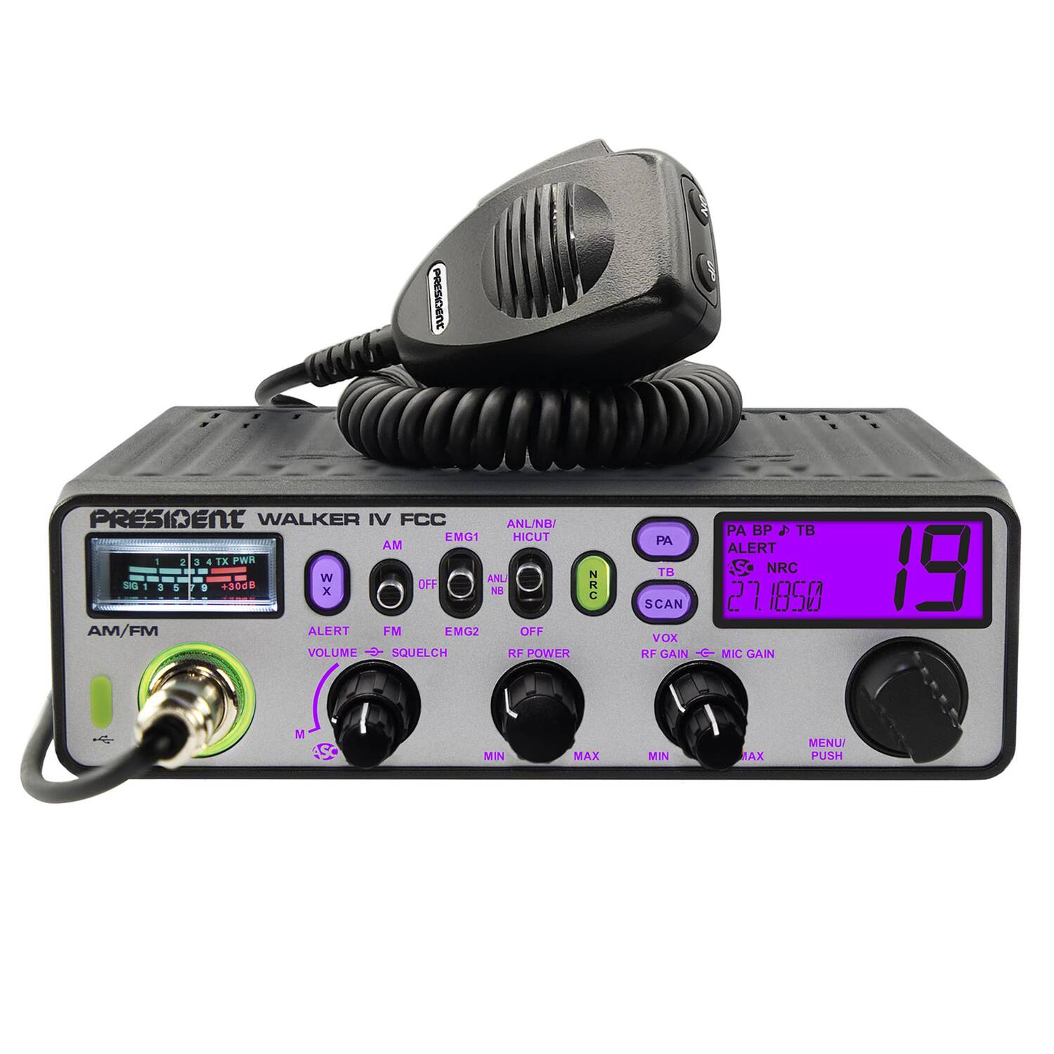 PRESIDENT WALKER IV FCC

ANUNB EMG1 HICUT 1r AM - . TX PWR - W ANL L

a 6 + HPC OFF x Na AM/FM ALERT FM EMG2 OFF VOLUME -- SQUELCH RF POWER N C PA BP TB

5 ALERT TB NRC SCAN 27 1850 VOX RF GAIN - MIC GAIN 19 M S MIN MAX MIN MAX

MENU PUSH