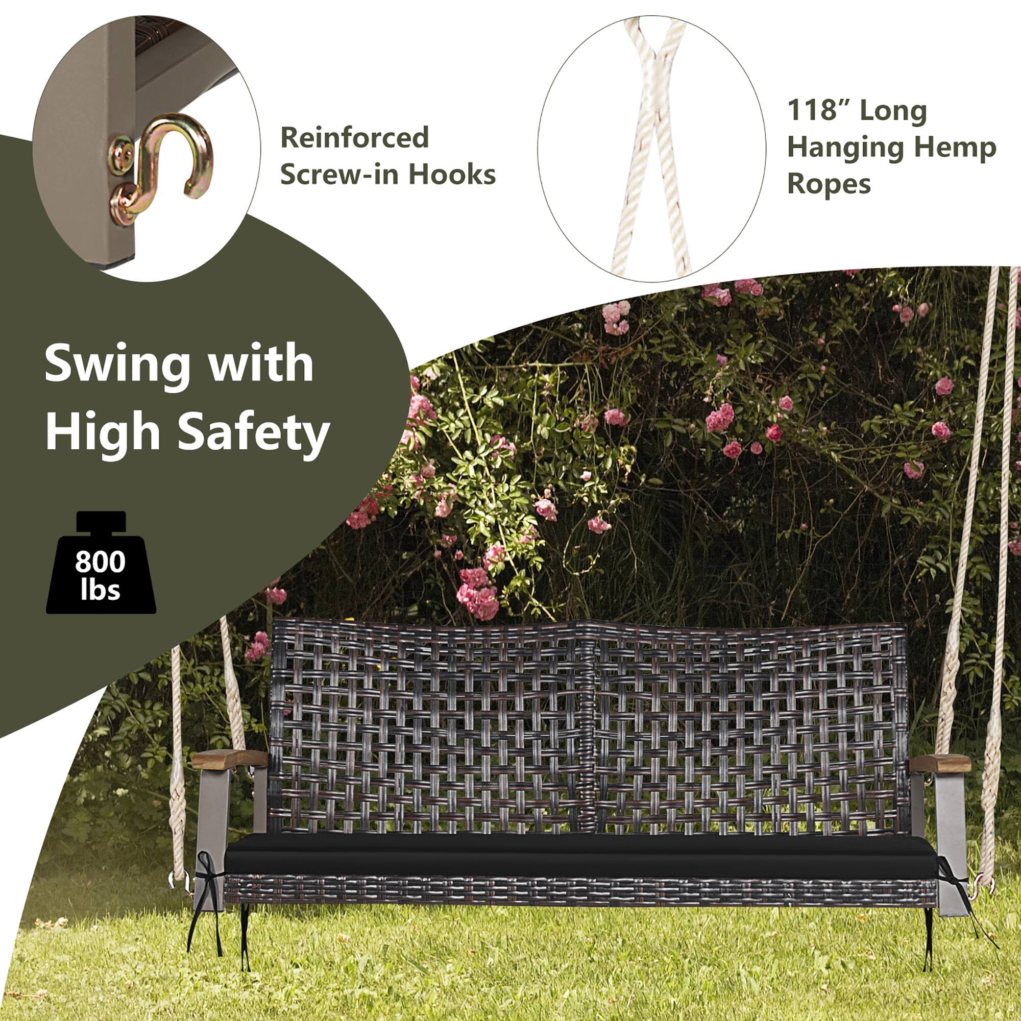 Reinforced Screw-in Hooks  
118" Long Hanging Hemp Ropes  
Swing with High Safety  
800 lbs