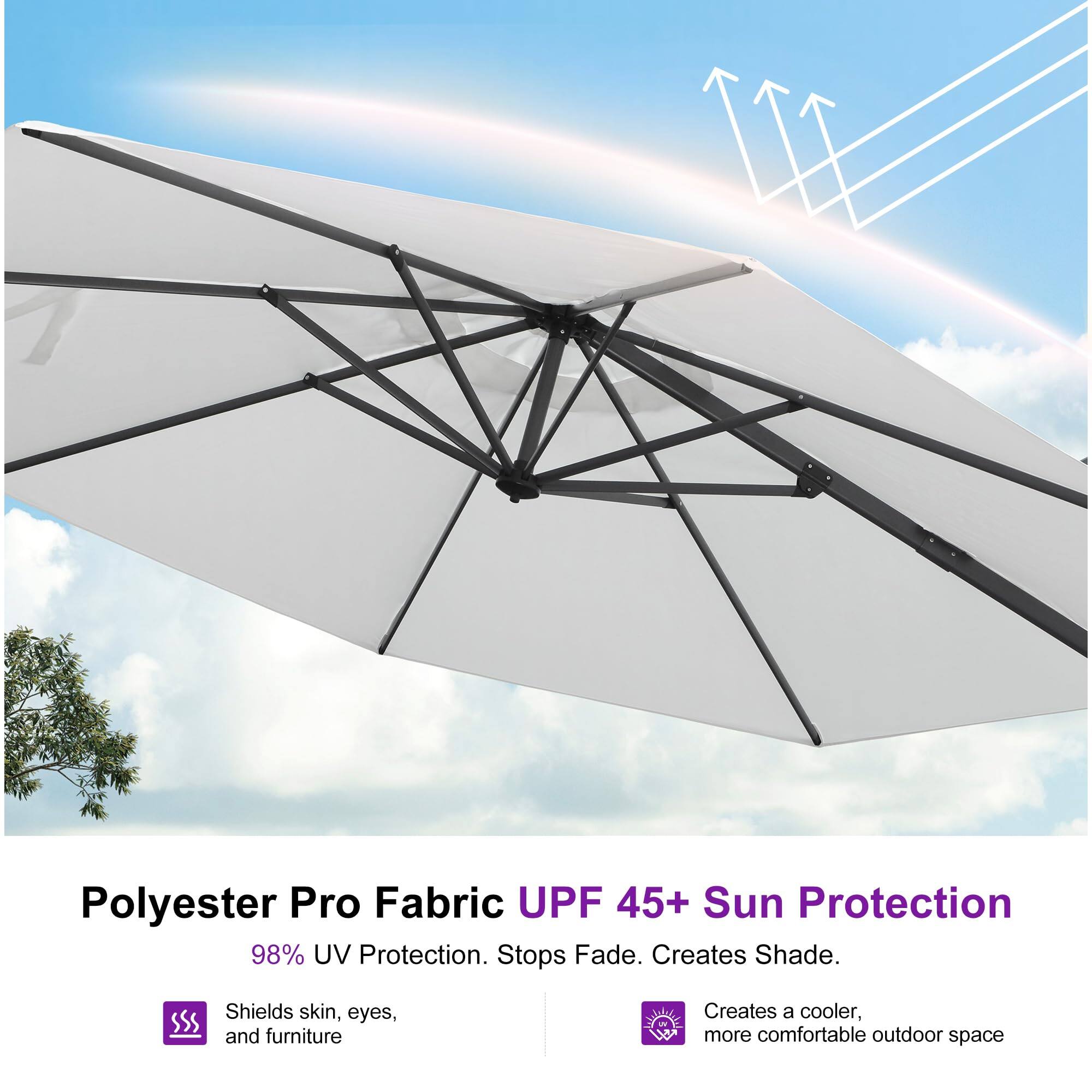 Polyester Pro Fabric UPF 45+ Sun Protection

98% UV Protection. Stops Fade. Creates Shade.

- Shields skin, eyes, and furniture
- Creates a cooler, more comfortable outdoor space