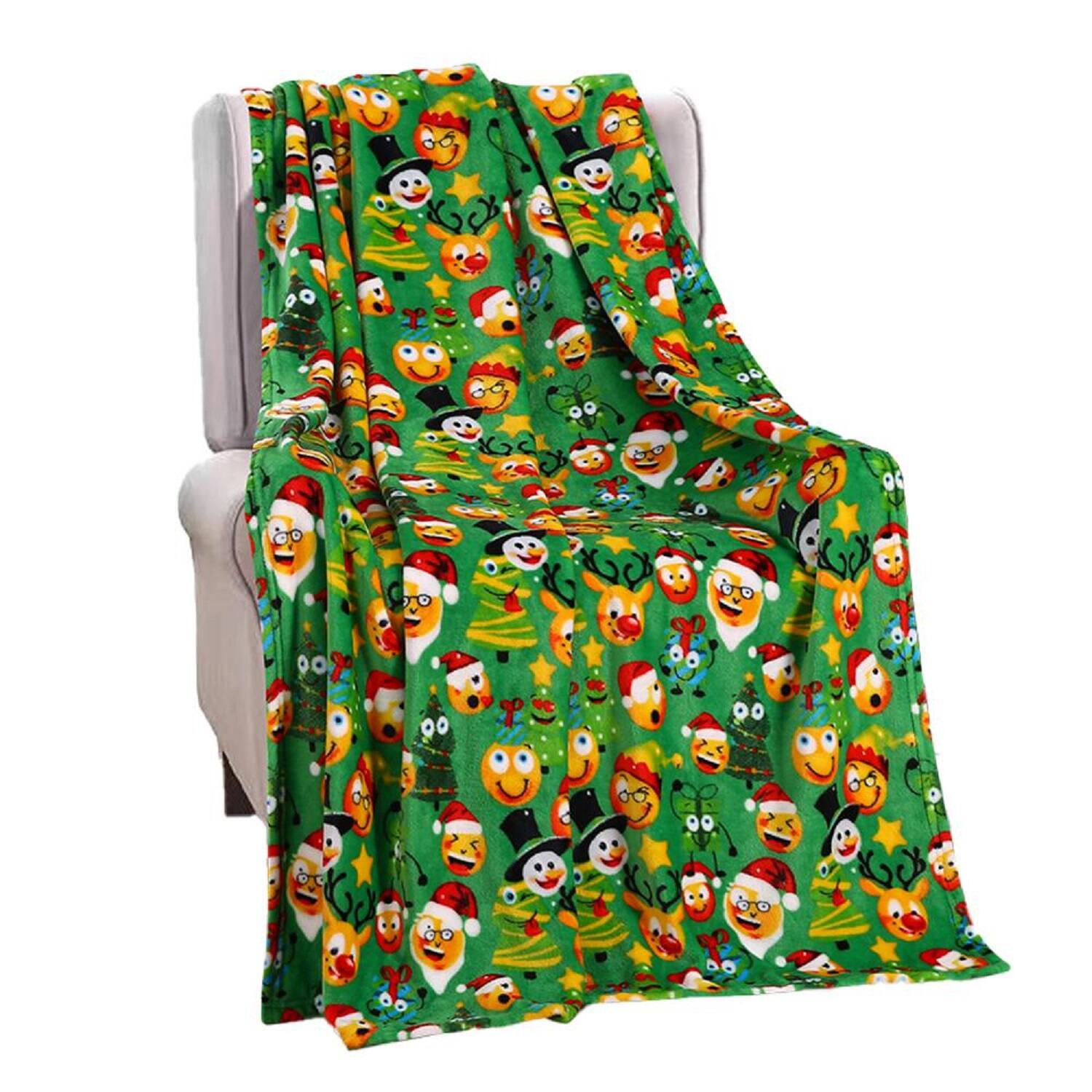 Front. Noble House - Plazatex Green Funny Faces plush Decorative Christmas Machine Washable Throw 50" X 60" Green - Green.