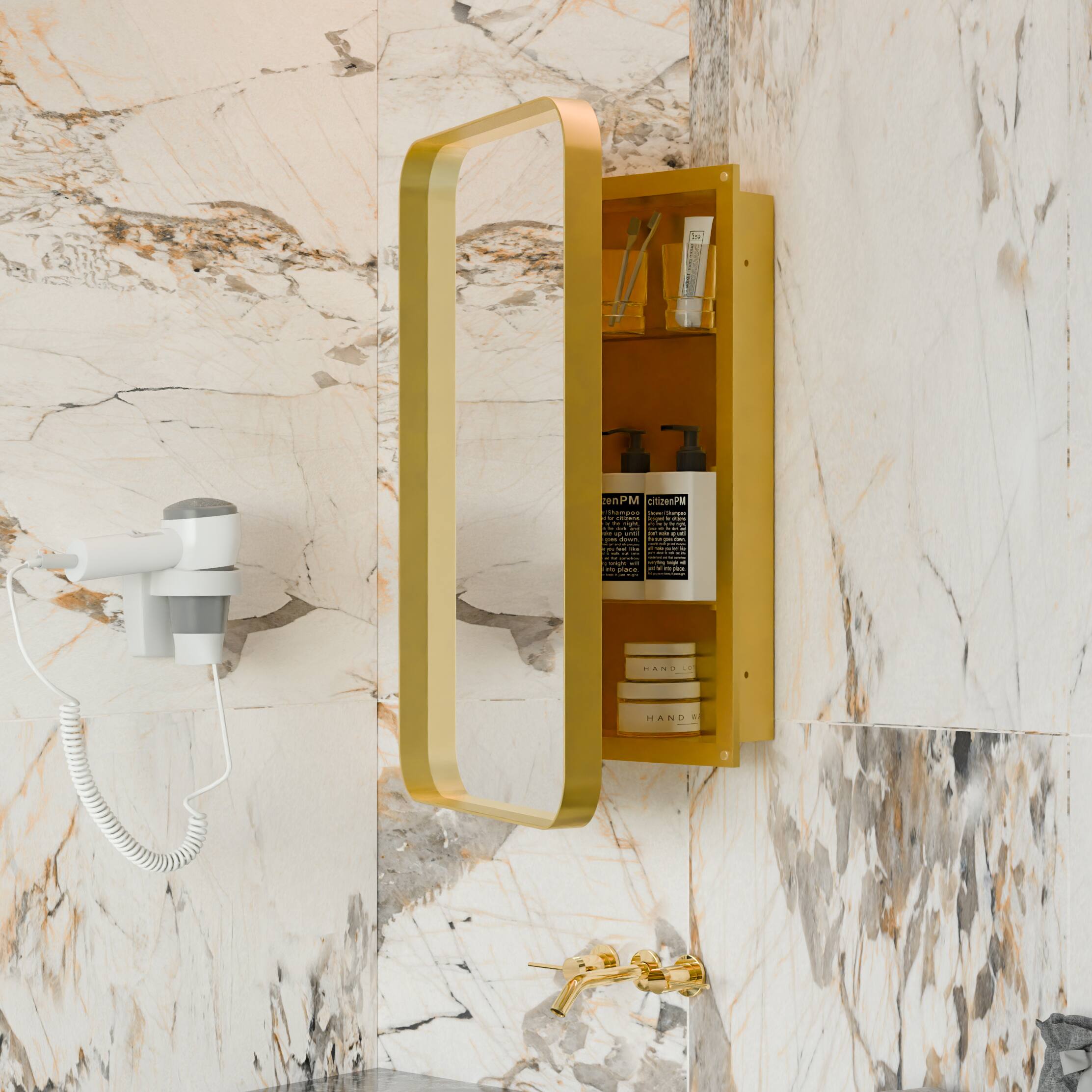 TinyHomie - 20x30Inch Recessed Metal Framed Medicine Cabinet with Mirror and Adjustable Shelves Black Wall Mirror with Storage - Gold