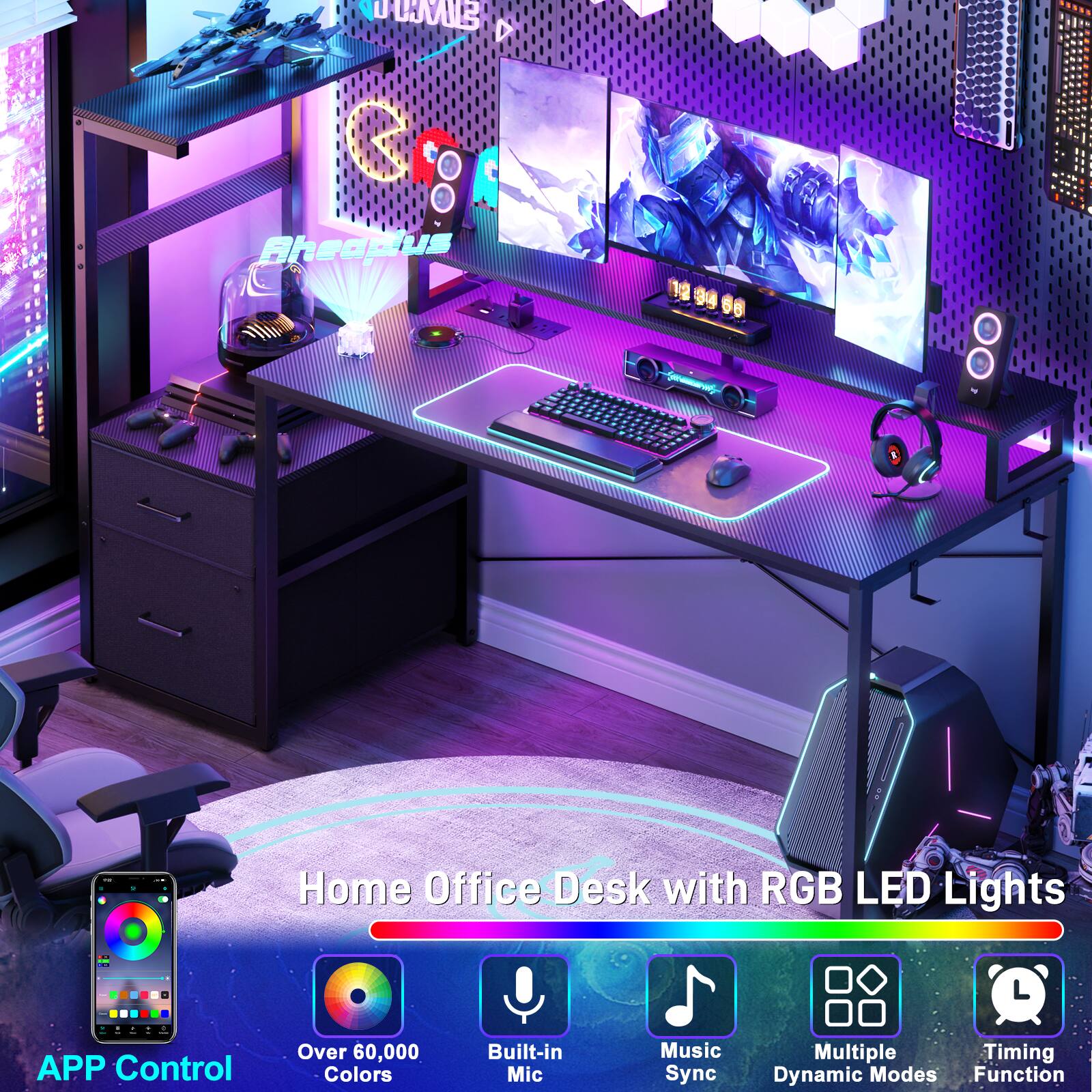 Home Office Desk with RGB LED Lights

- APP Control
- Over 60,000 Colors
- Built-in Mic
- Music Sync
- Multiple Dynamic Modes
- Timing Function